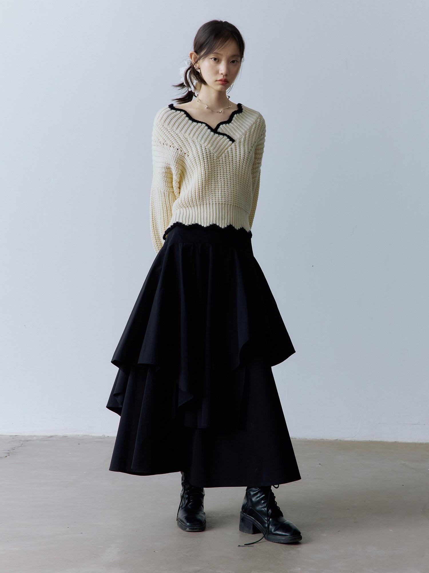 FUSSED Cozy V-ceck Oversized Color Block Knit For Women Citywalk Long Sleeve Sweater