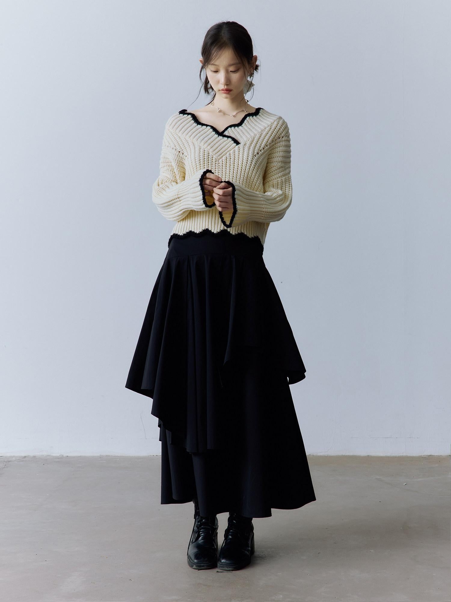 FUSSED Cozy V-ceck Oversized Color Block Knit For Women Citywalk Long Sleeve Sweater