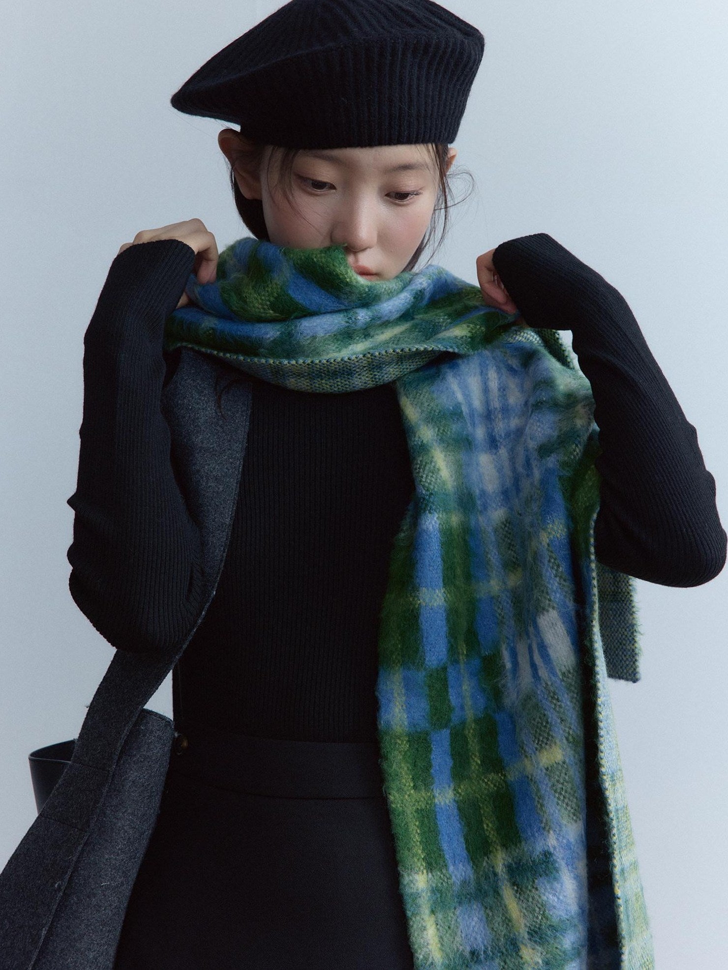 FUSSED Cozy Warm European Plaid Long Women Youth 190X35Cm Blue Green Tartan Scarf