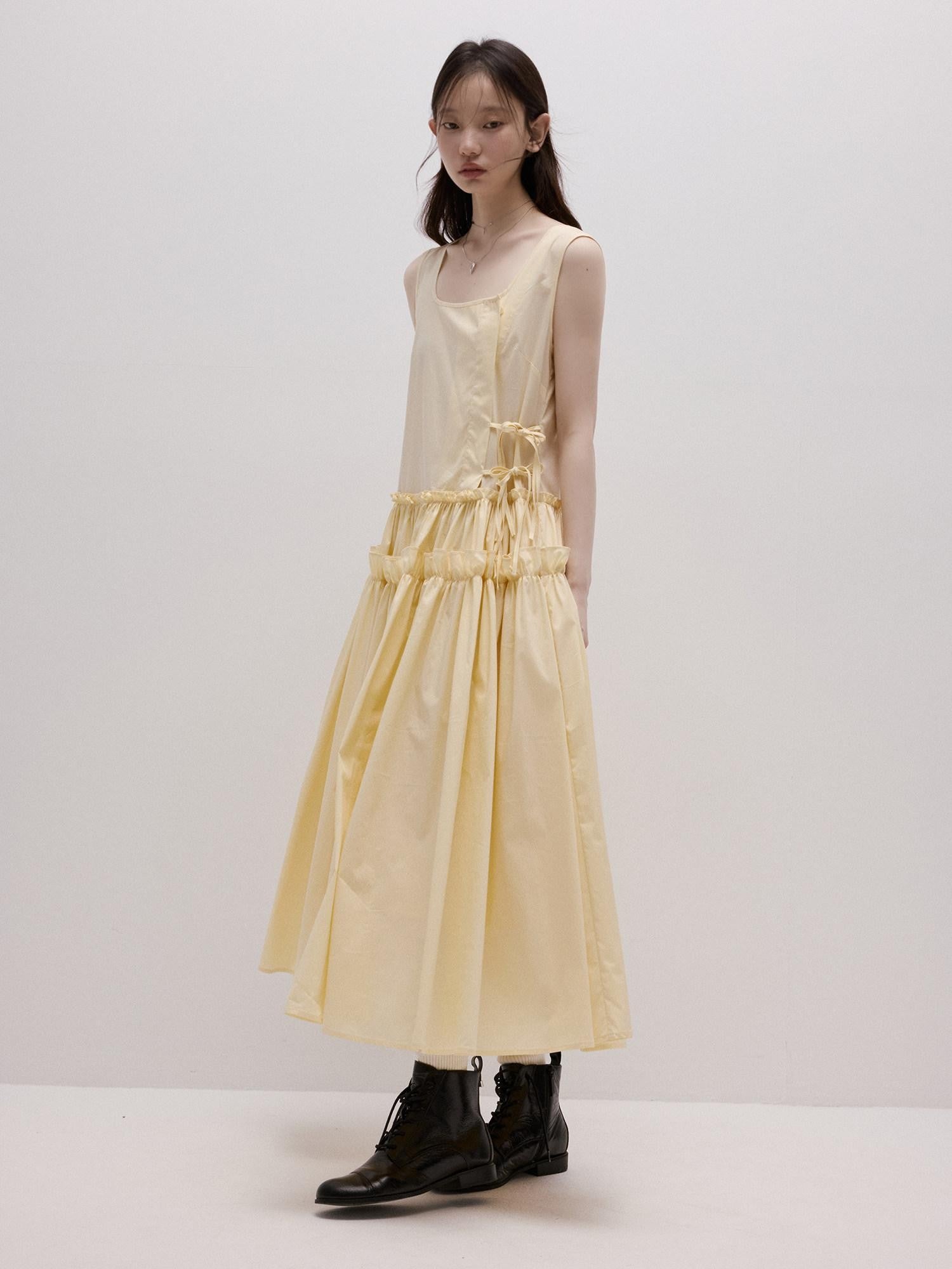 FUSSED Cream Yellow Layered Splice Gathered Pleats A Line Women&