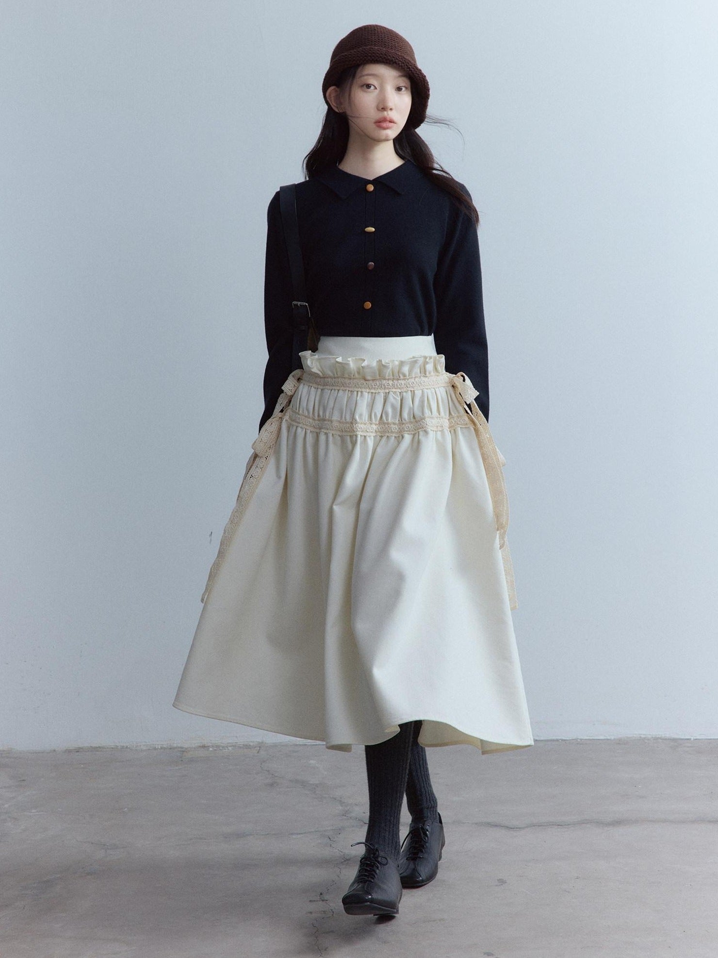 FUSSED Cute Button Polo Collar Slim Fit Girl Everyday Solid Long Sleeve Sweater