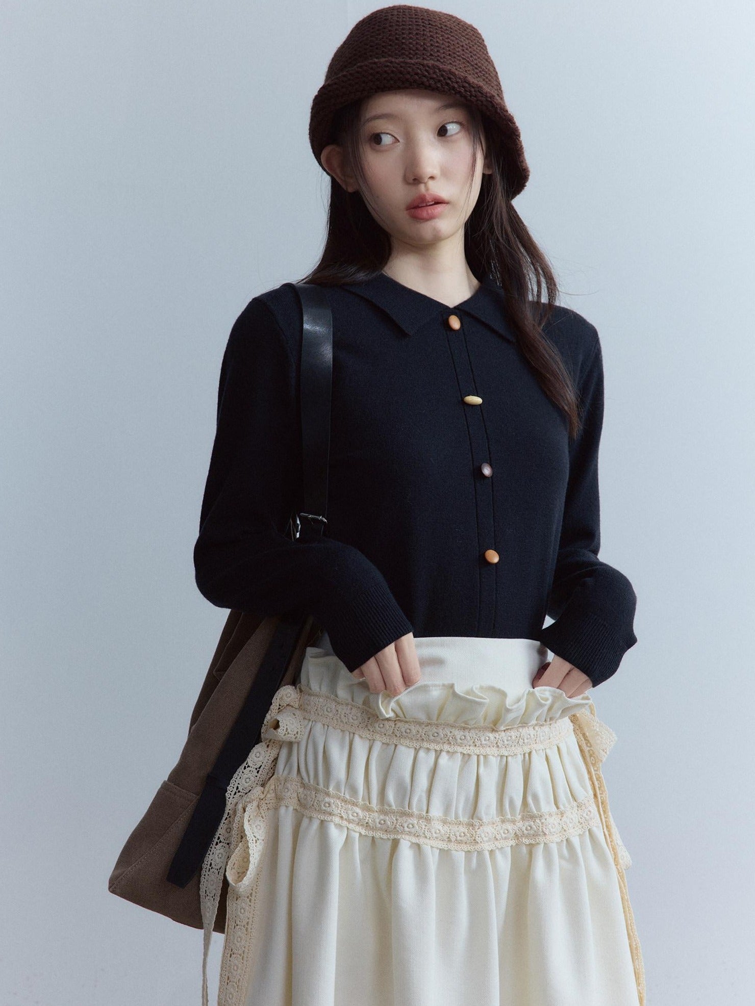 FUSSED Cute Button Polo Collar Slim Fit Girl Everyday Solid Long Sleeve Sweater