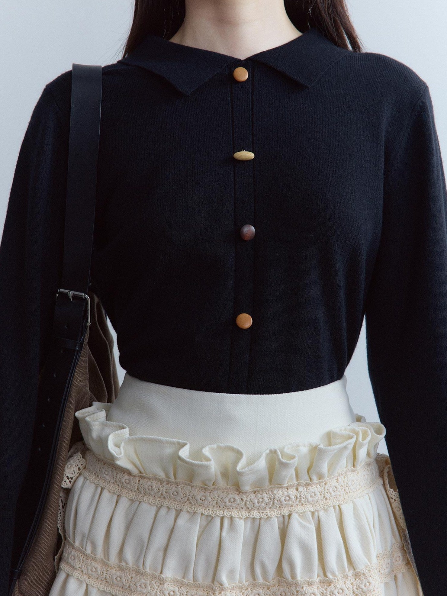 FUSSED Cute Button Polo Collar Slim Fit Girl Everyday Solid Long Sleeve Sweater