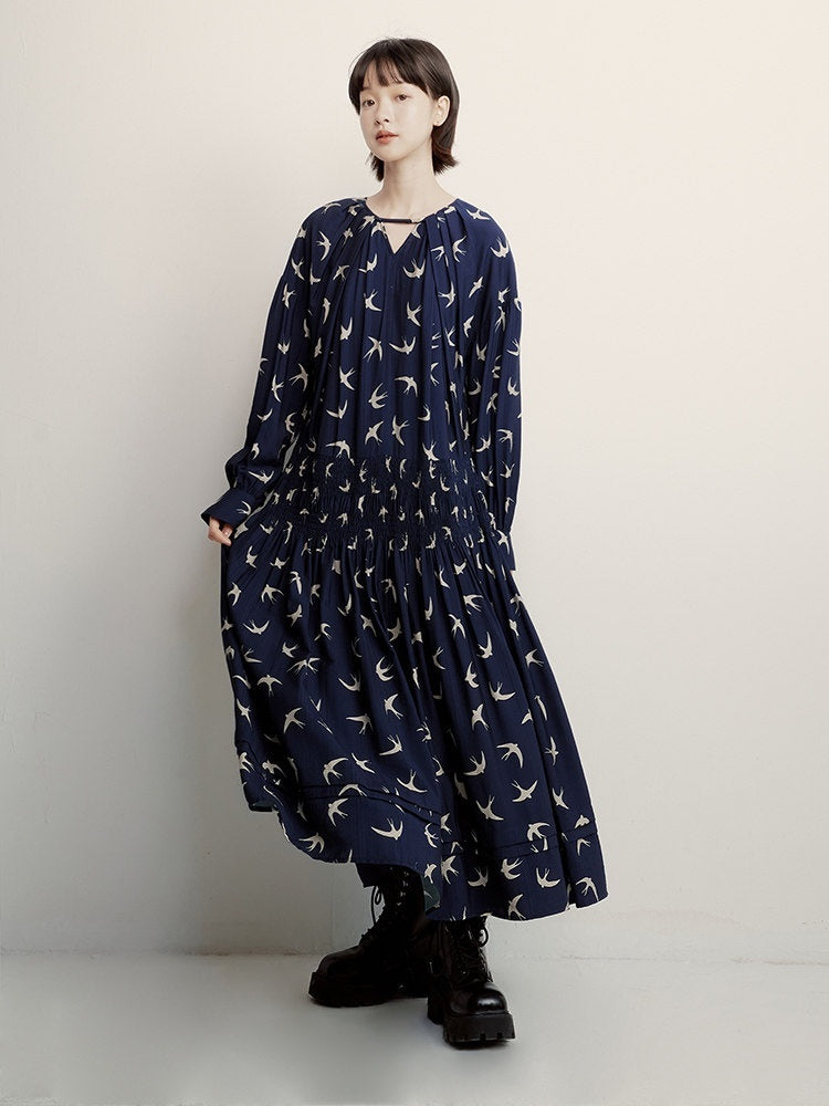 FUSSED_Dark_Blue_Original_Print_Heavy_Pleat_Lantern_Sleeve_Women&