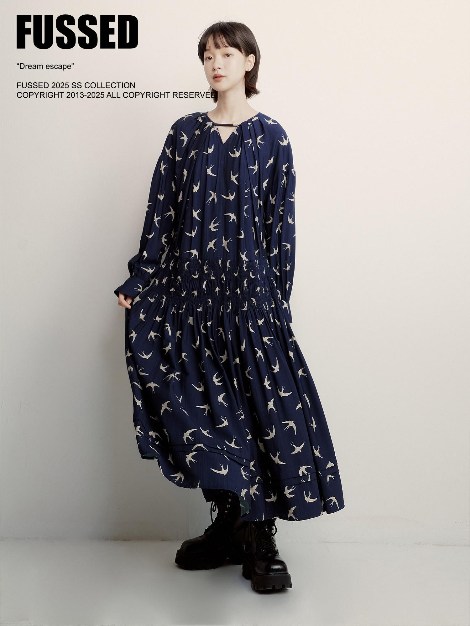 FUSSED Dark Blue Original Print Heavy Pleat Lantern Sleeve Women&