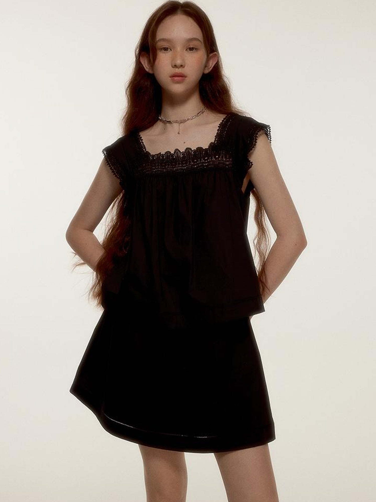 FUSSED Dark Night Lace Trimmed Cutout Peplum Dress