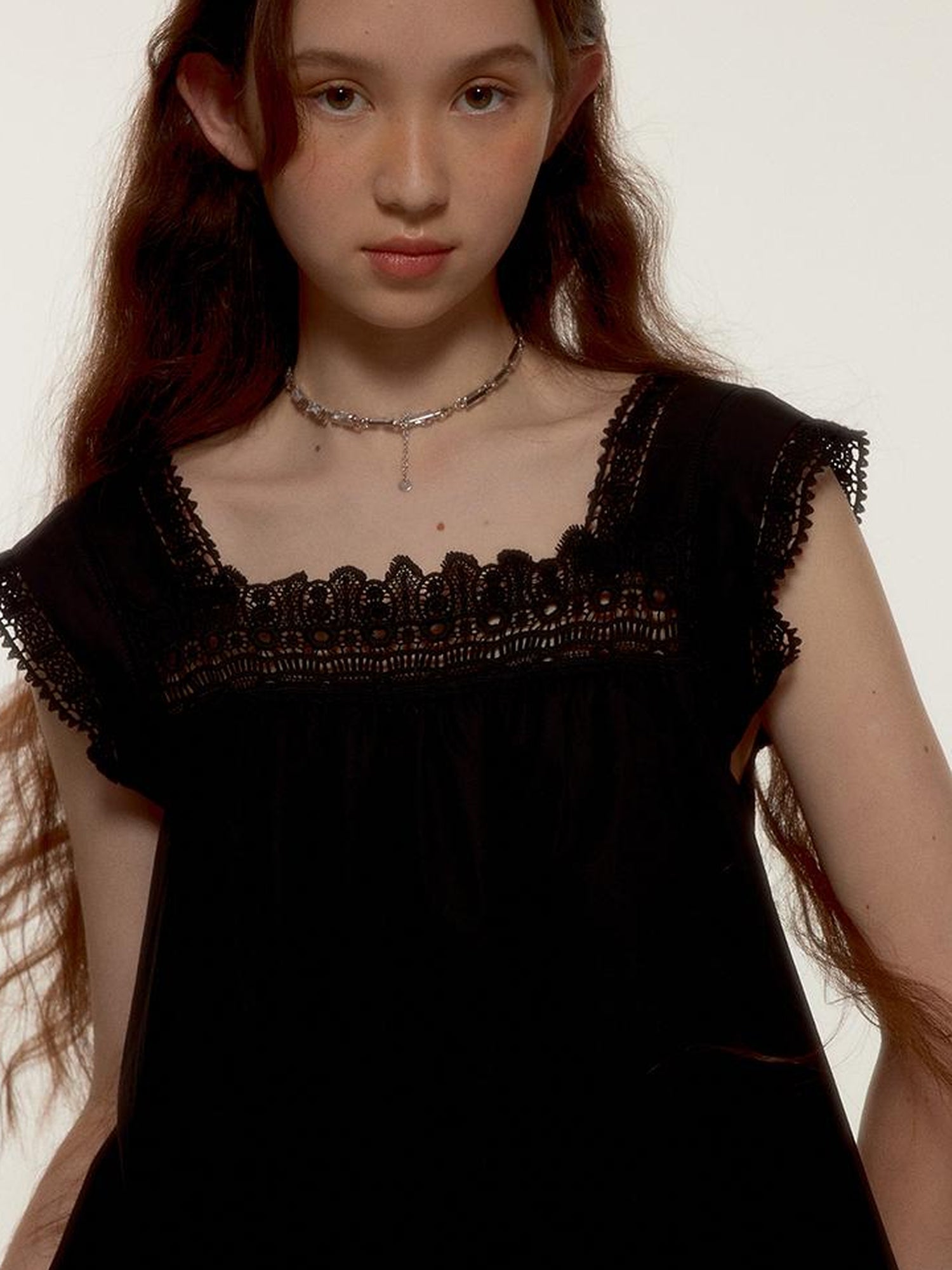 FUSSED Dark Night Lace Trimmed Cutout Peplum Dress