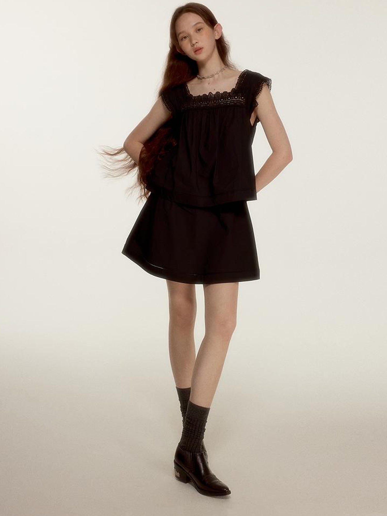 FUSSED Dark Night Lace Trimmed Cutout Peplum Dress