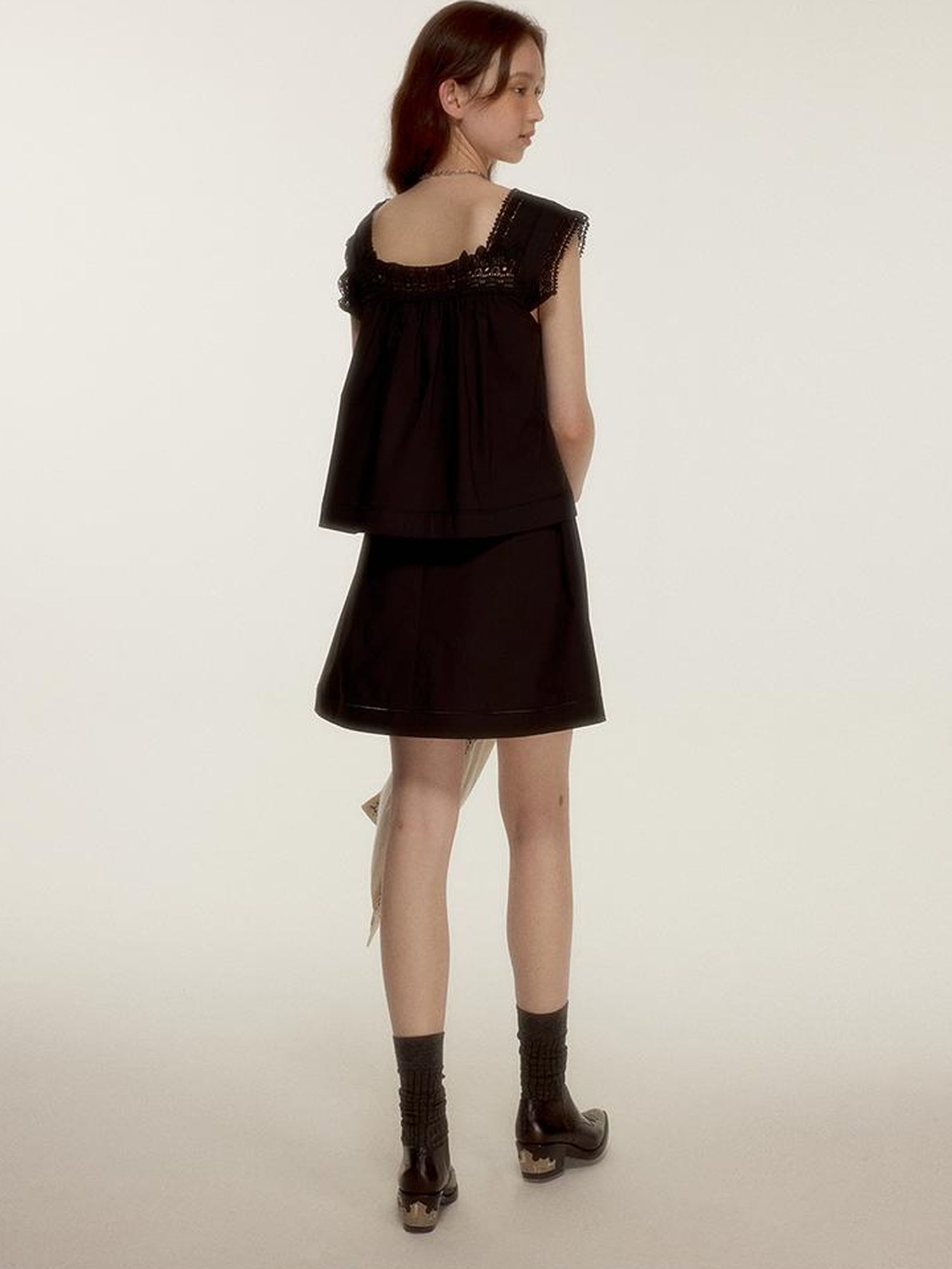 FUSSED Dark Night Lace Trimmed Cutout Peplum Dress