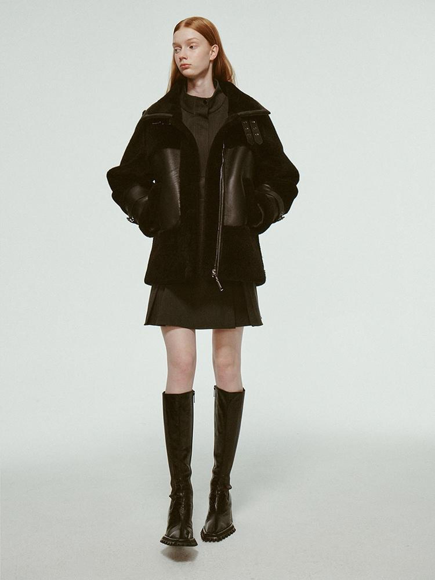 FUSSED Dark Shearling Trimmed Leather Coat With Plush Collar