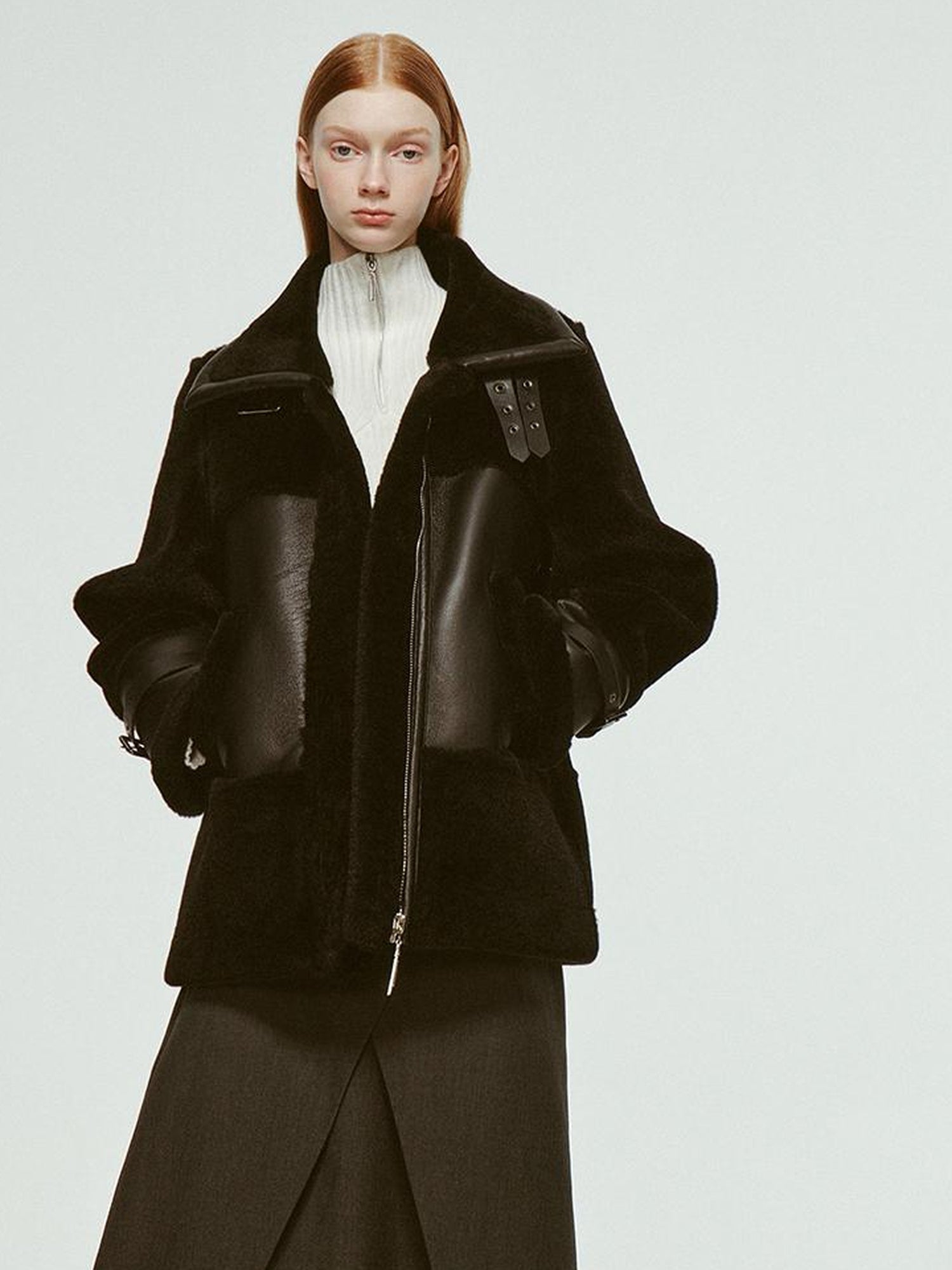 FUSSED Dark Shearling Trimmed Leather Coat With Plush Collar