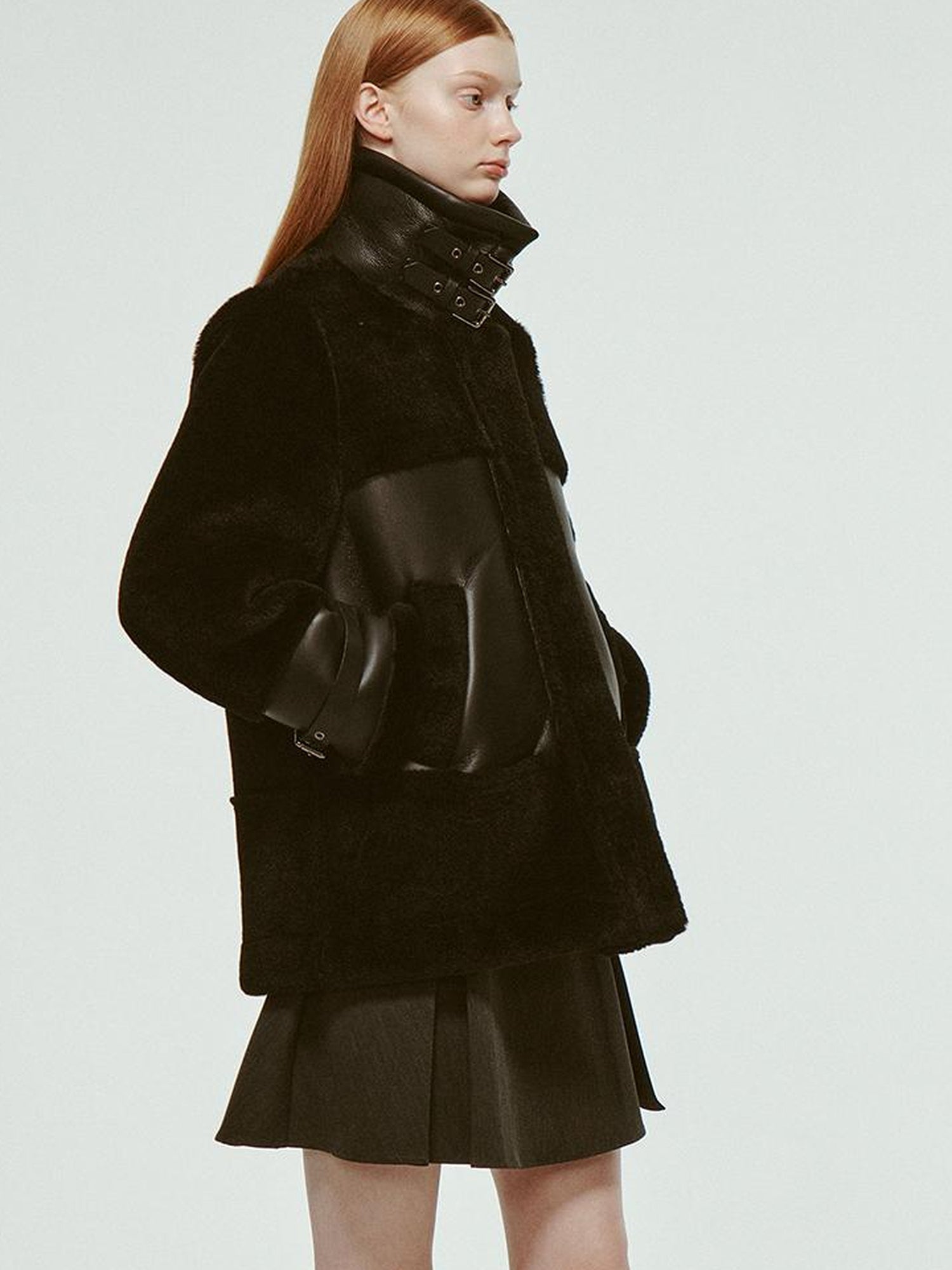FUSSED Dark Shearling Trimmed Leather Coat With Plush Collar