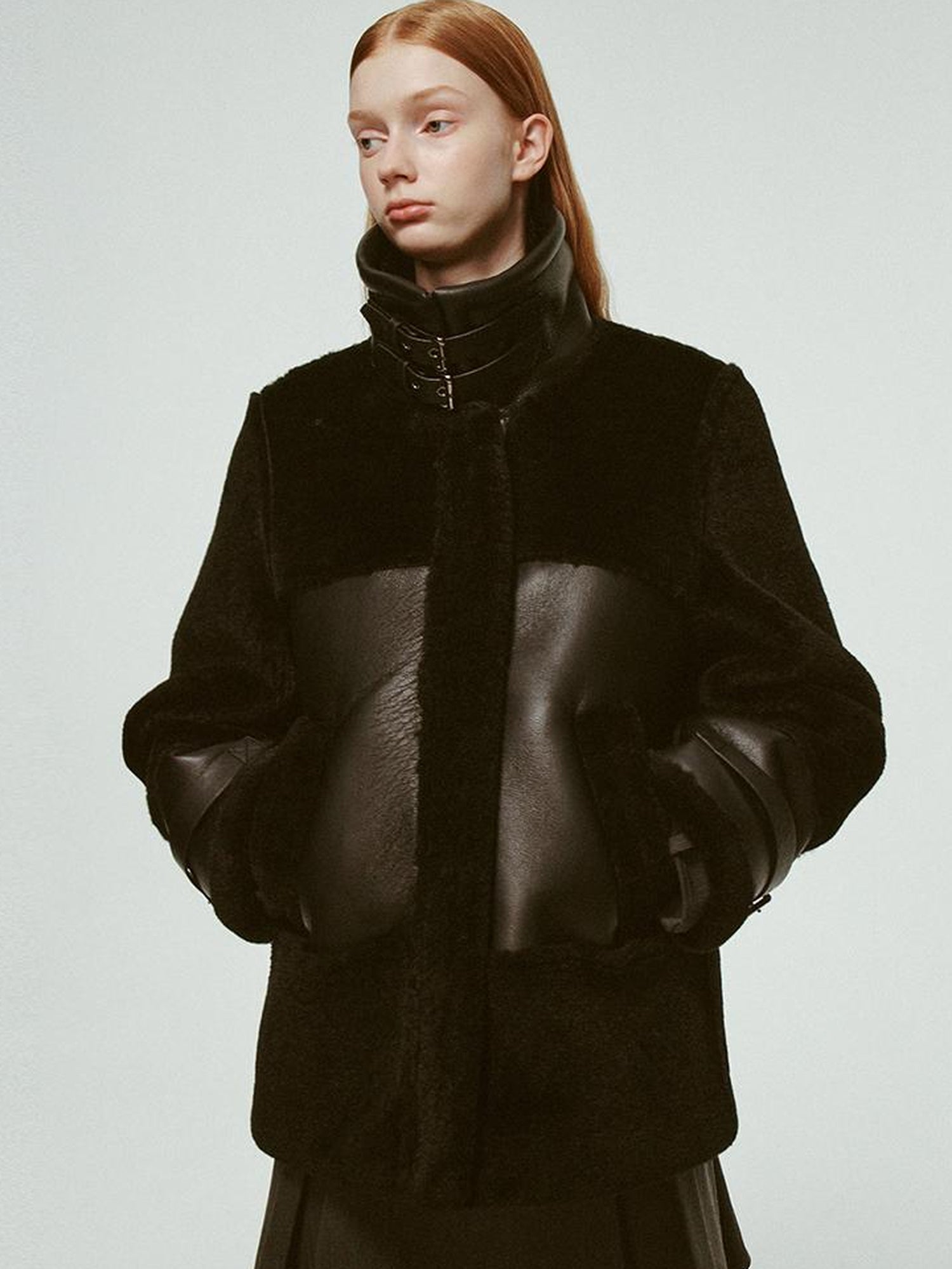 FUSSED Dark Shearling Trimmed Leather Coat With Plush Collar