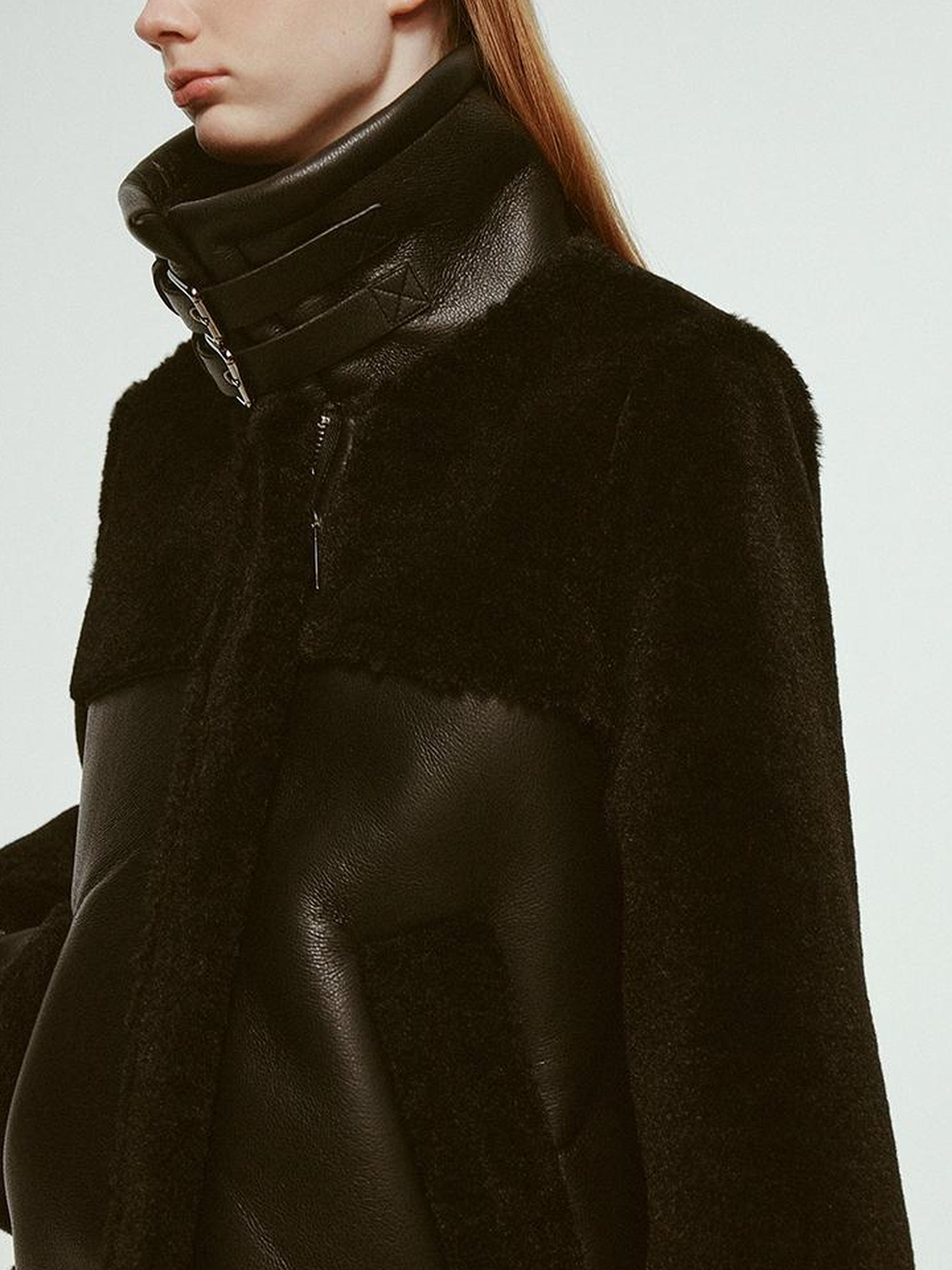 FUSSED Dark Shearling Trimmed Leather Coat With Plush Collar