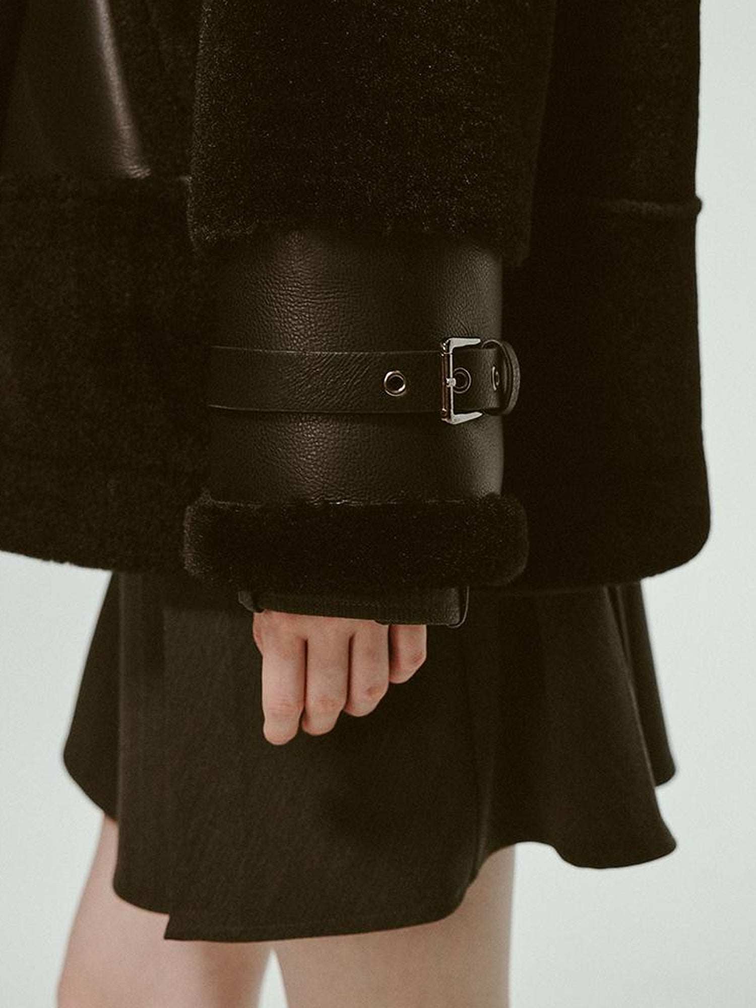 FUSSED Dark Shearling Trimmed Leather Coat With Plush Collar