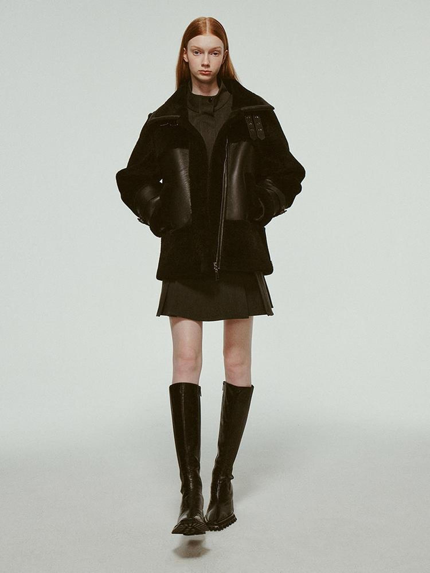 FUSSED Dark Shearling Trimmed Leather Coat With Plush Collar