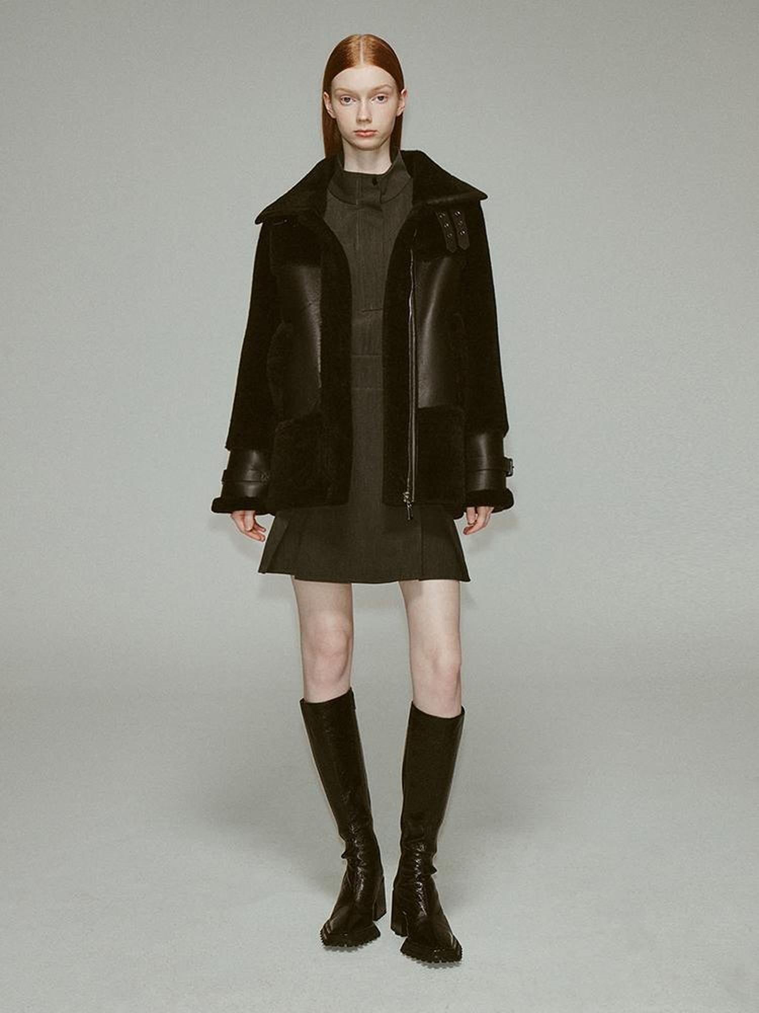 FUSSED Dark Shearling Trimmed Leather Coat With Plush Collar