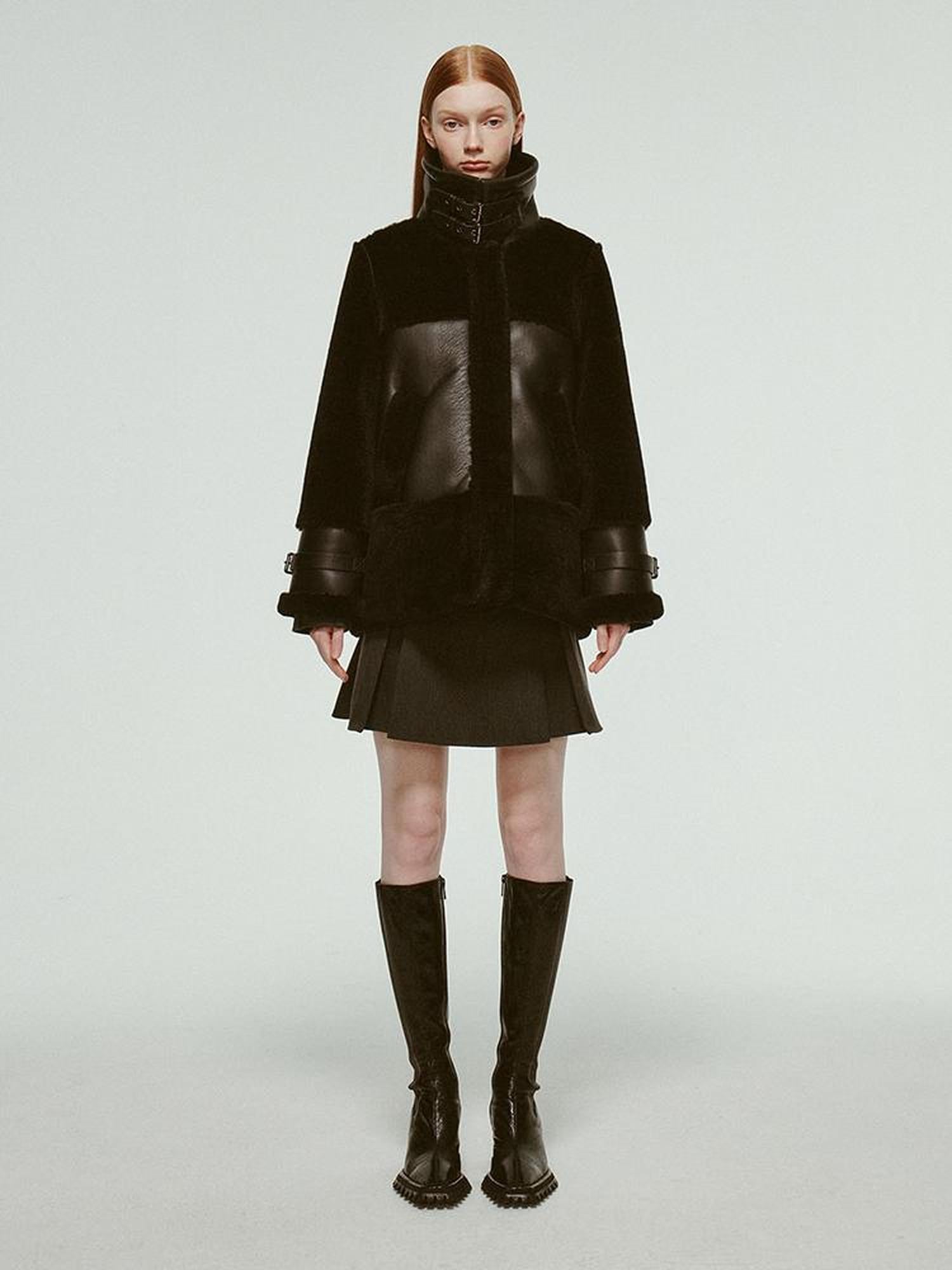 FUSSED Dark Shearling Trimmed Leather Coat With Plush Collar