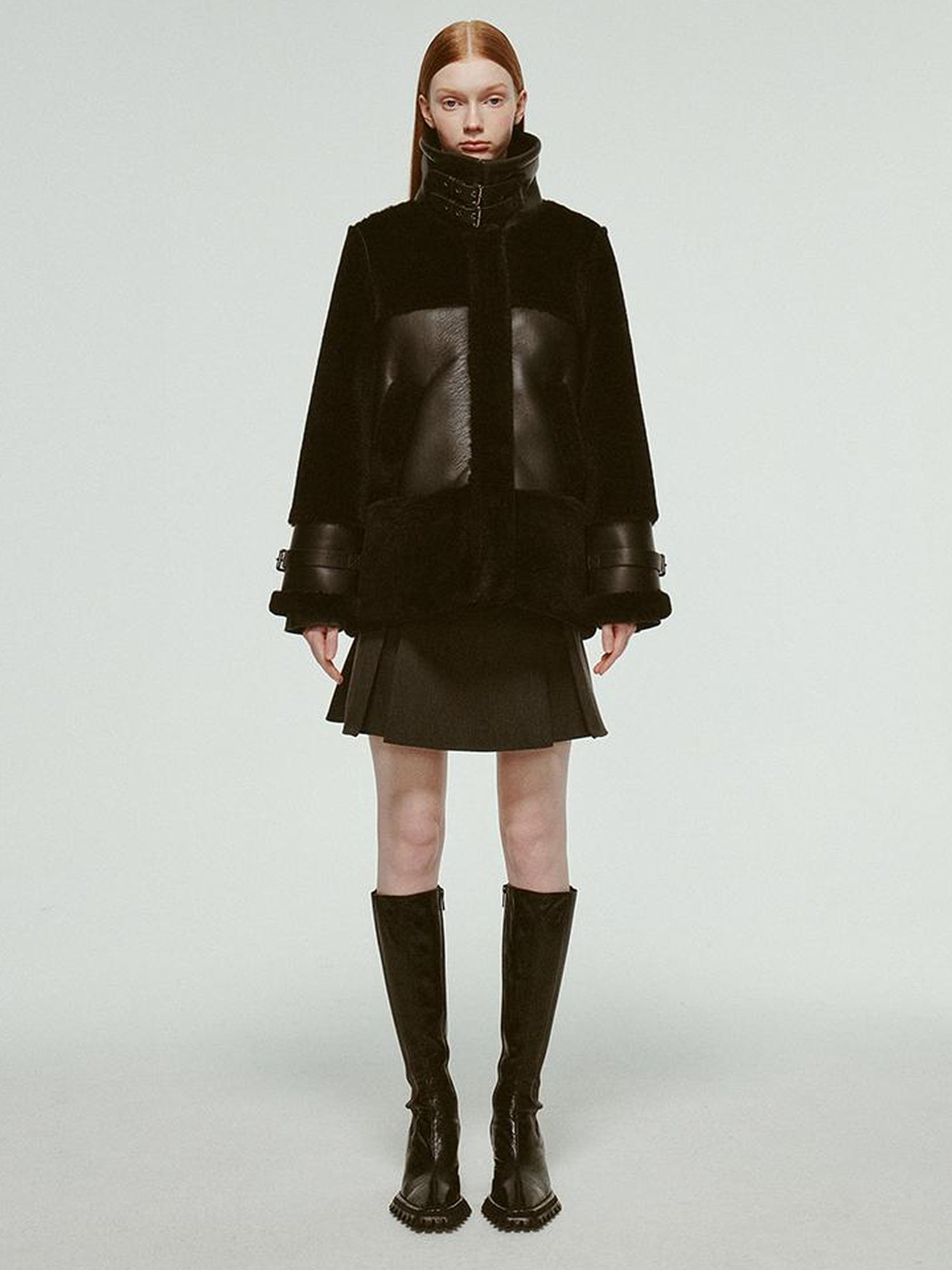 FUSSED Dark Shearling Trimmed Leather Coat With Plush Collar