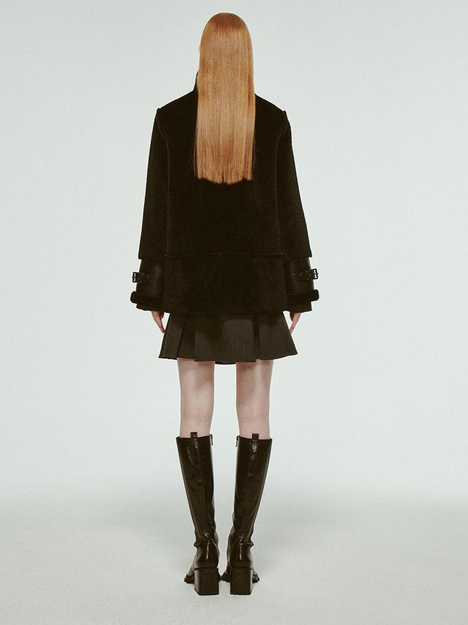 FUSSED Dark Shearling Trimmed Leather Coat With Plush Collar