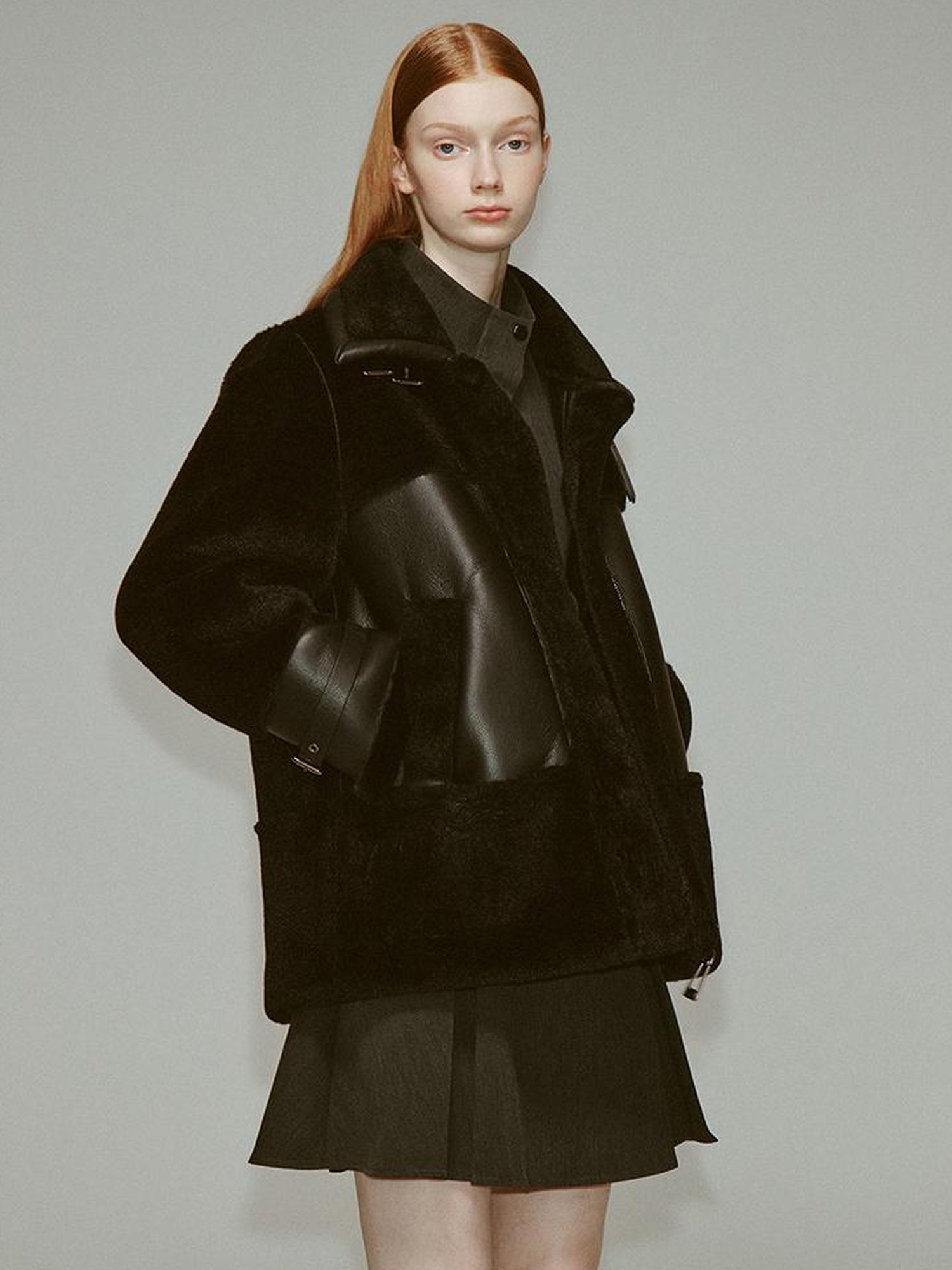 FUSSED Dark Shearling Trimmed Leather Coat With Plush Collar