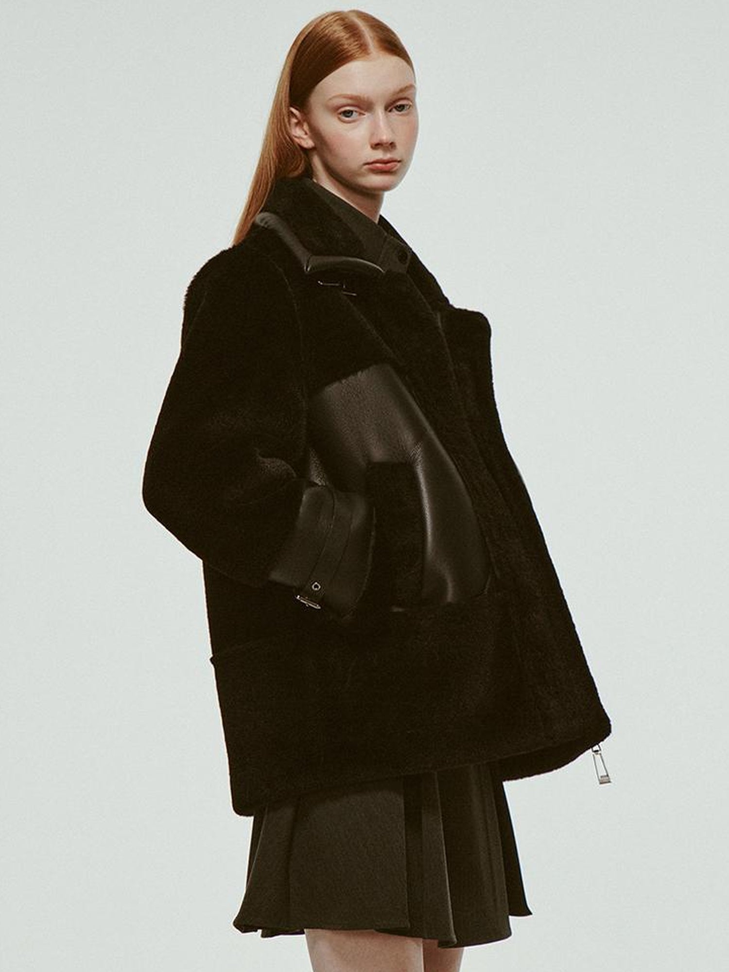 FUSSED Dark Shearling Trimmed Leather Coat With Plush Collar