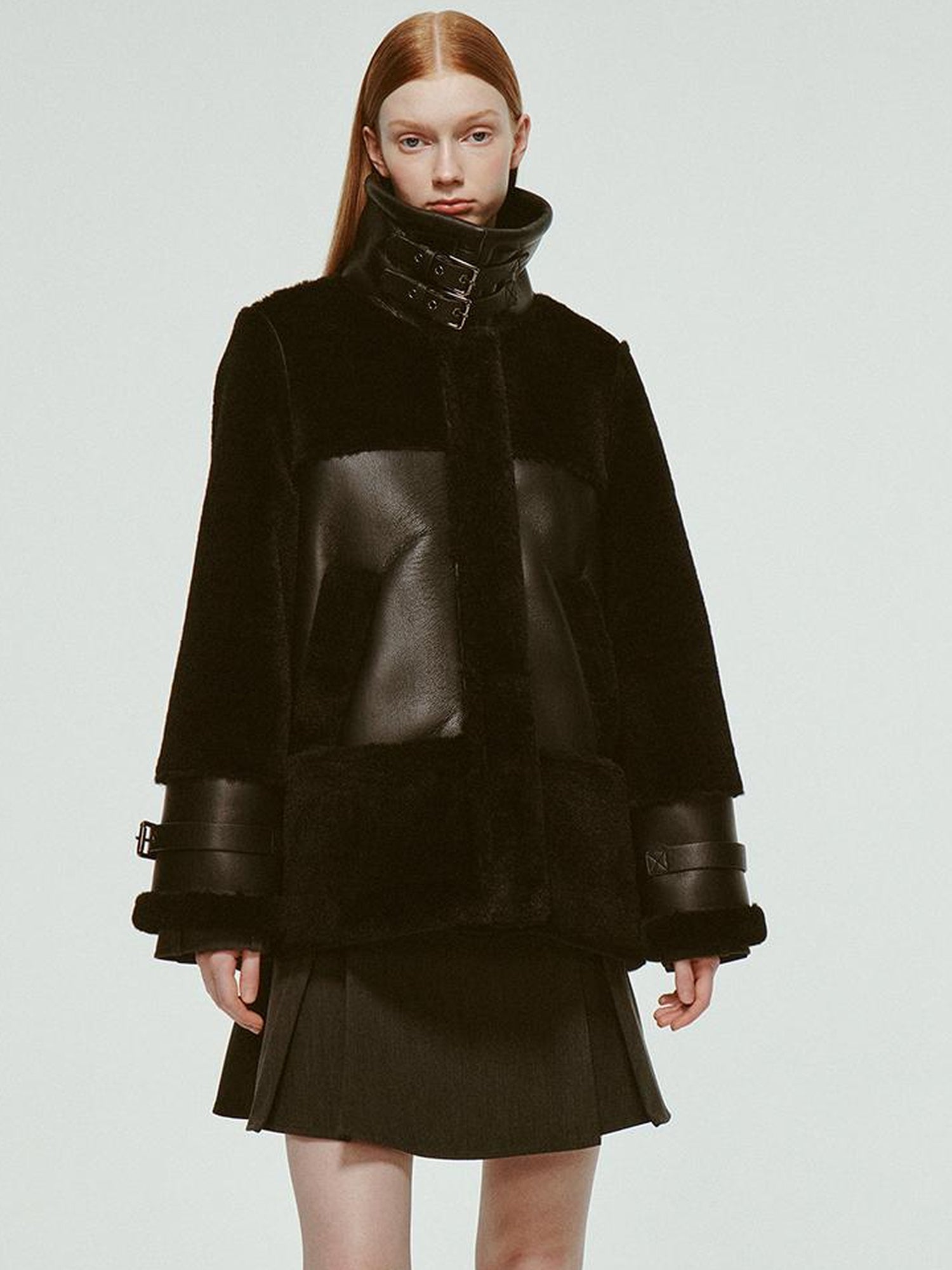 FUSSED Dark Shearling Trimmed Leather Coat With Plush Collar