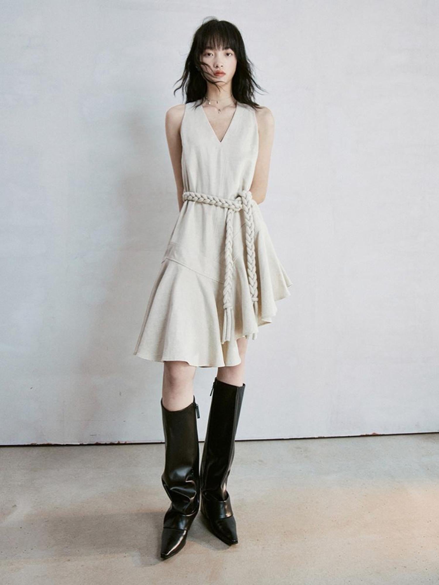 FUSSED Deconstructed V-Neck Linen Blend Asymmetrical Slip Dress