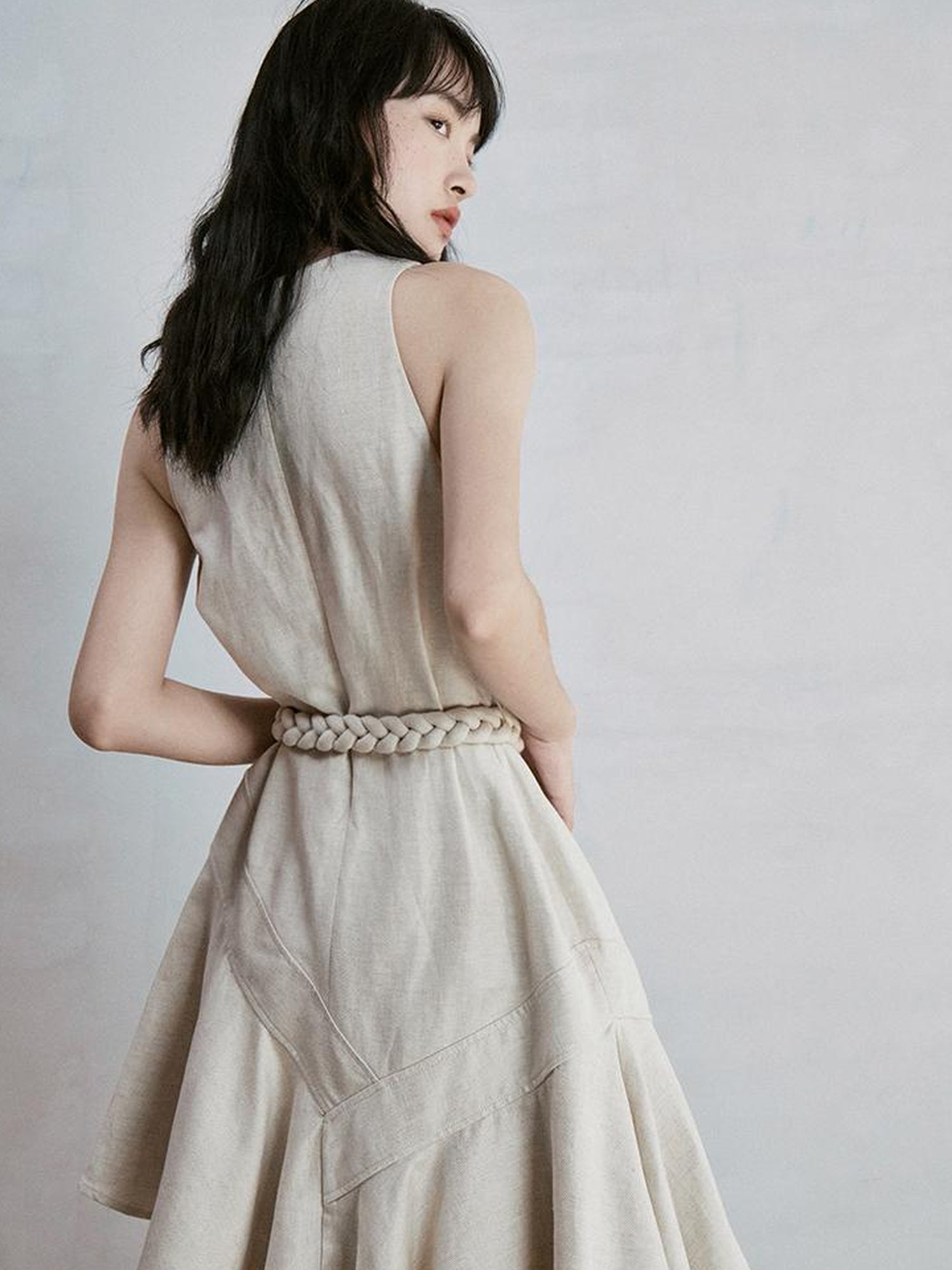 FUSSED Deconstructed V-Neck Linen Blend Asymmetrical Slip Dress