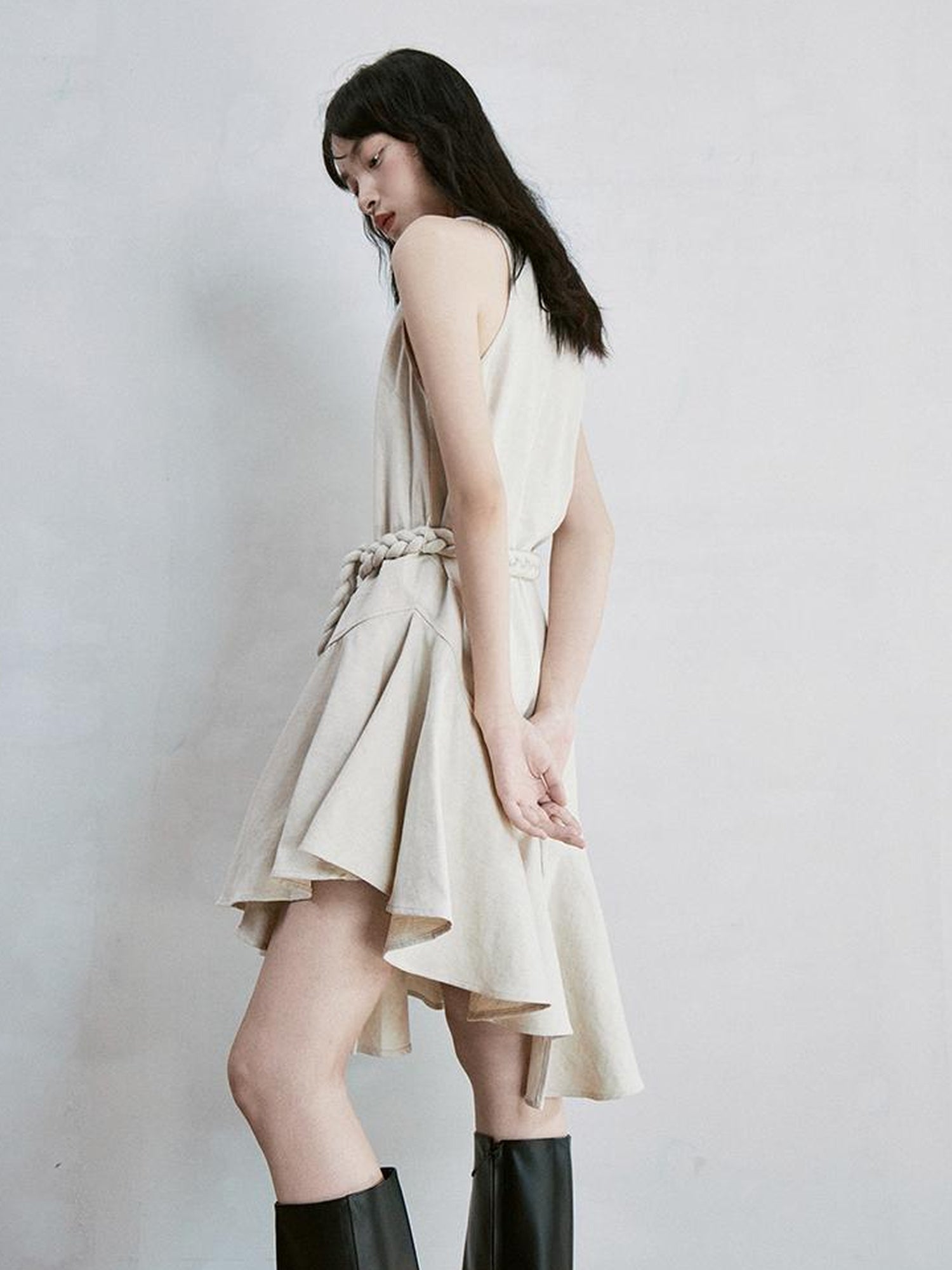 FUSSED Deconstructed V-Neck Linen Blend Asymmetrical Slip Dress