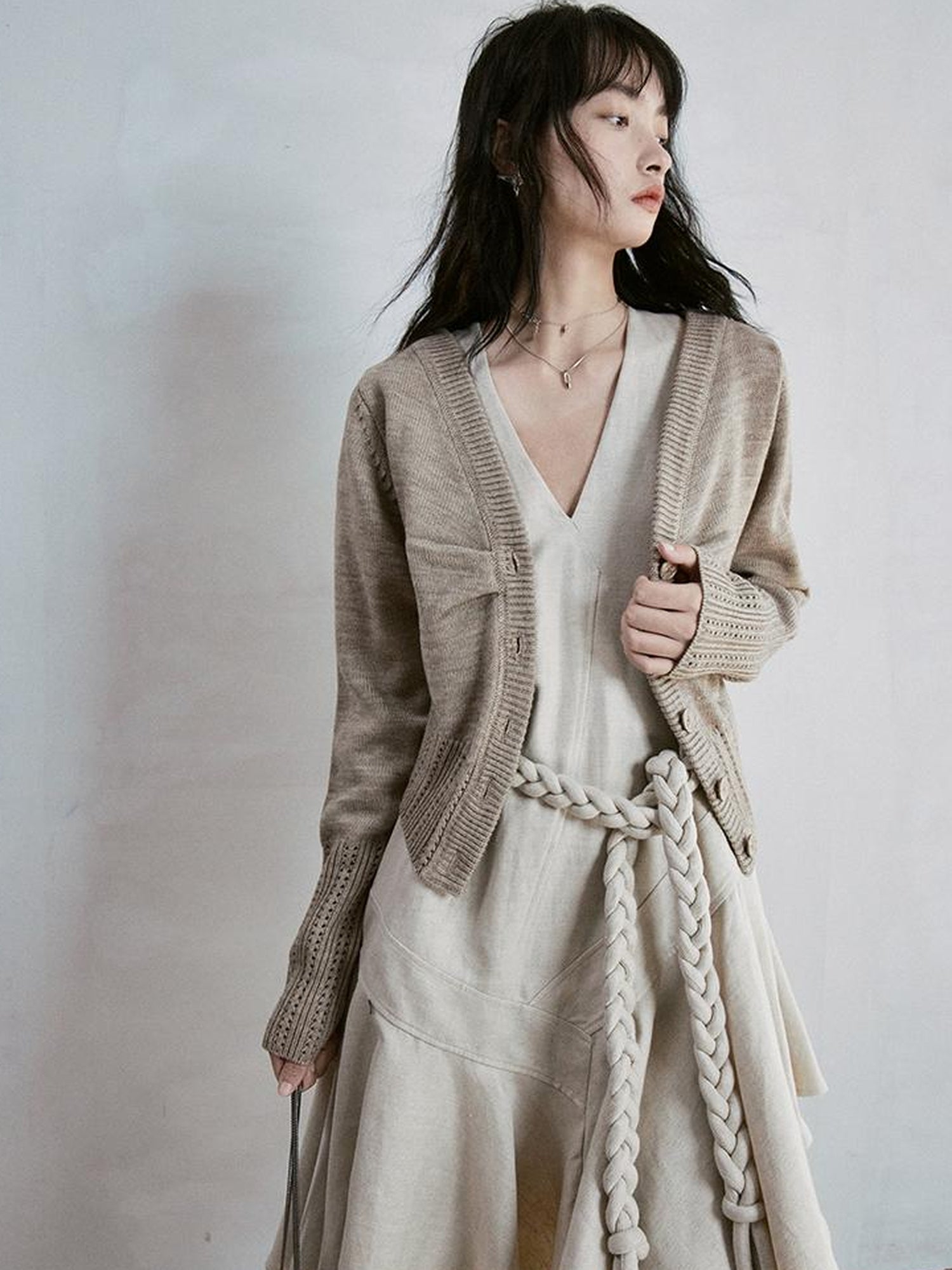 FUSSED Deconstructed V-Neck Linen Blend Asymmetrical Slip Dress