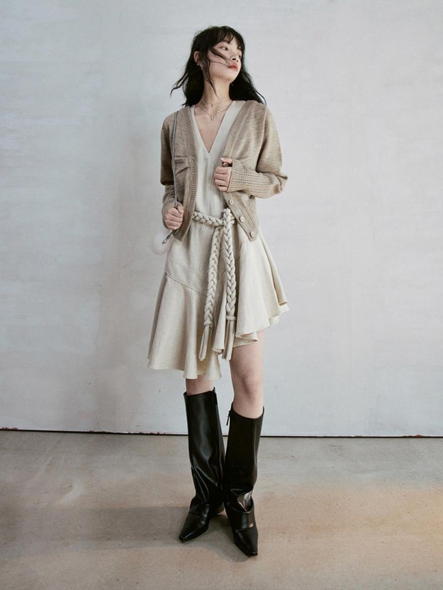 FUSSED Deconstructed V-Neck Linen Blend Asymmetrical Slip Dress