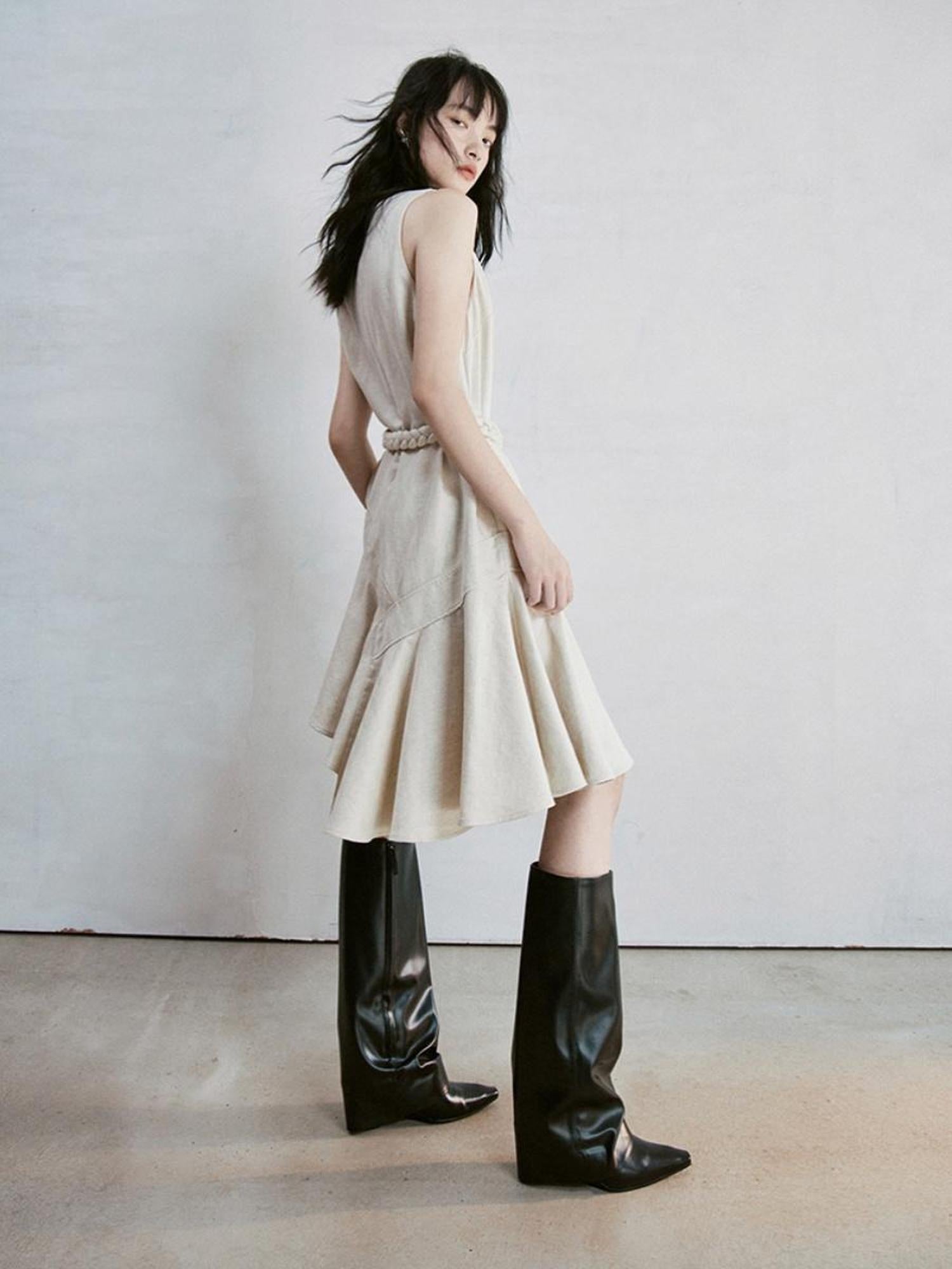 FUSSED Deconstructed V-Neck Linen Blend Asymmetrical Slip Dress