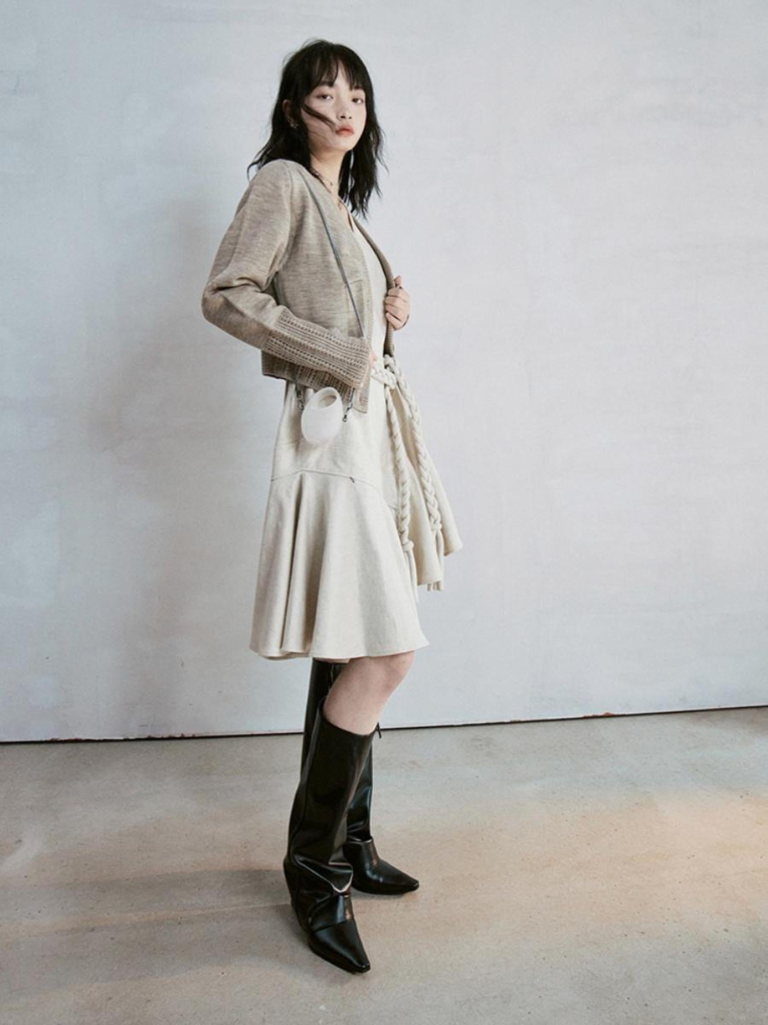 FUSSED Deconstructed V-Neck Linen Blend Asymmetrical Slip Dress