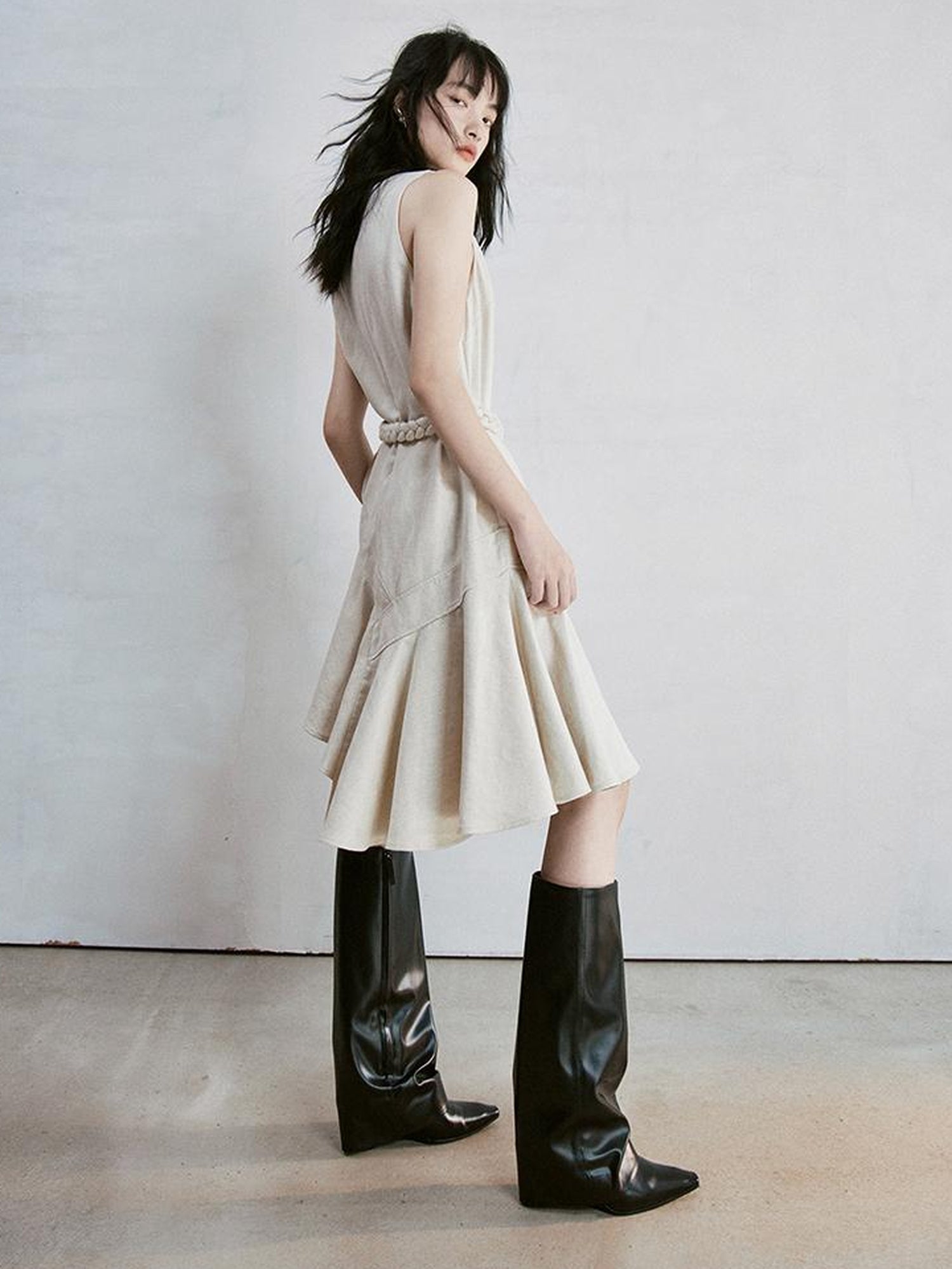 FUSSED Deconstructed V-Neck Linen Blend Asymmetrical Slip Dress