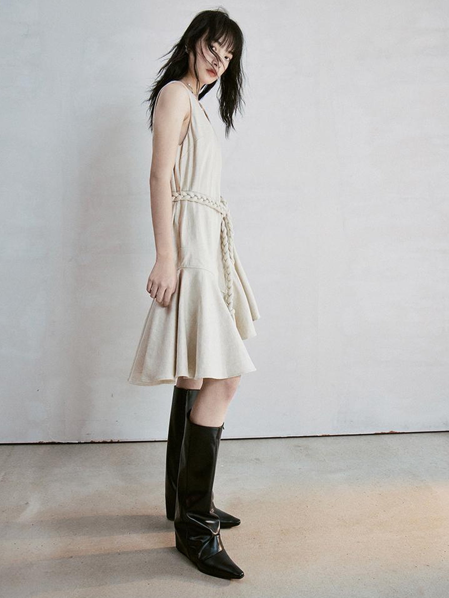 FUSSED Deconstructed V-Neck Linen Blend Asymmetrical Slip Dress