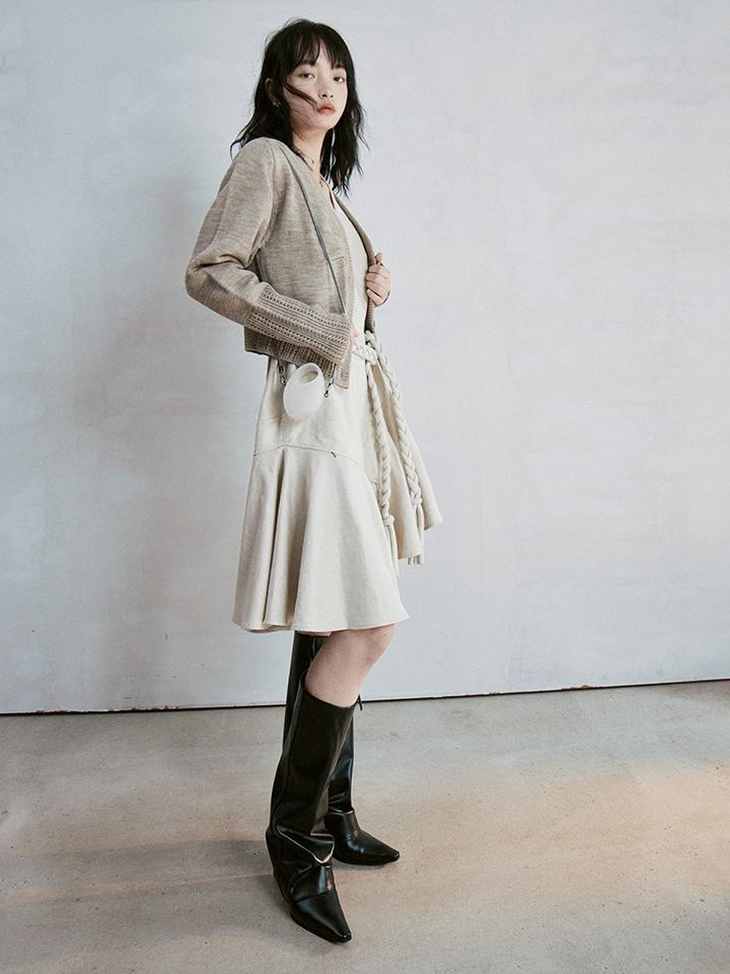 FUSSED Deconstructed V-Neck Linen Blend Asymmetrical Slip Dress