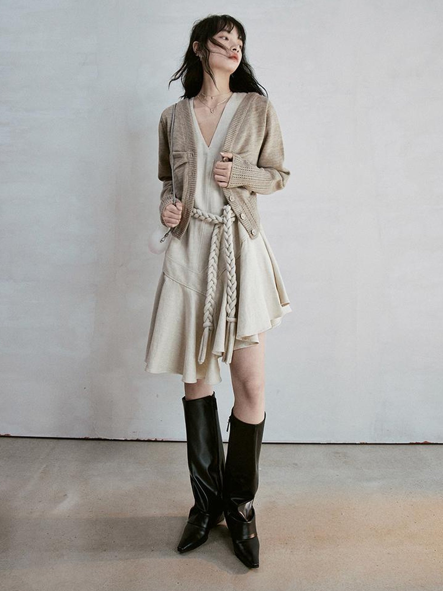 FUSSED Deconstructed V-Neck Linen Blend Asymmetrical Slip Dress