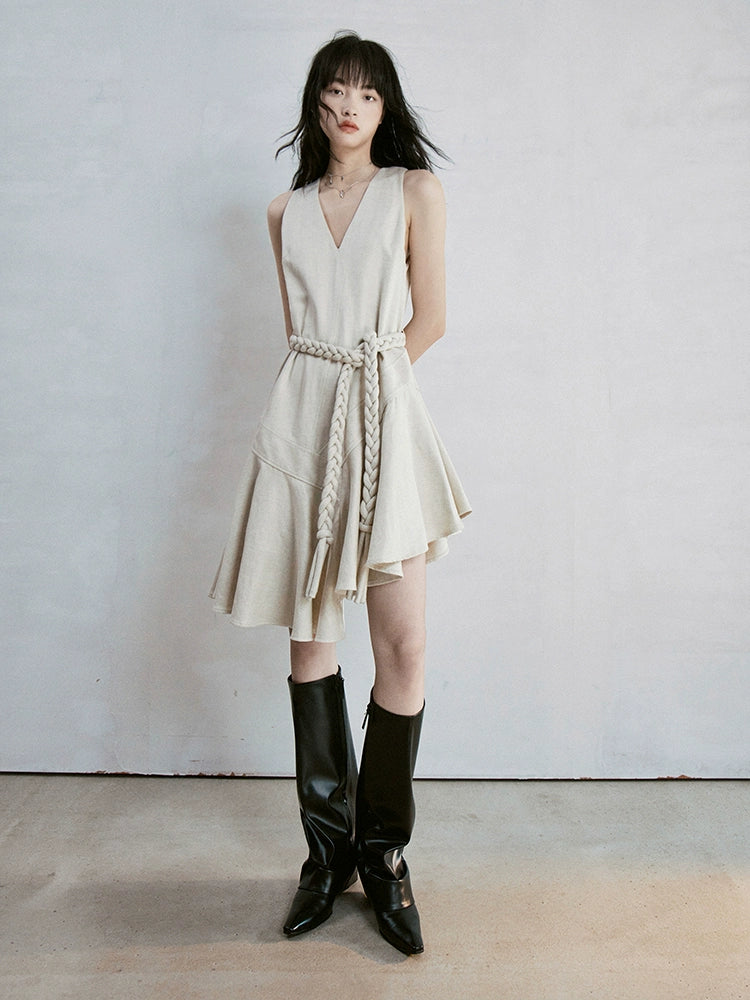 FUSSED_Deconstructed_V-Neck_Linen_Blend_Asymmetrical_Slip_Dress_MISSTT