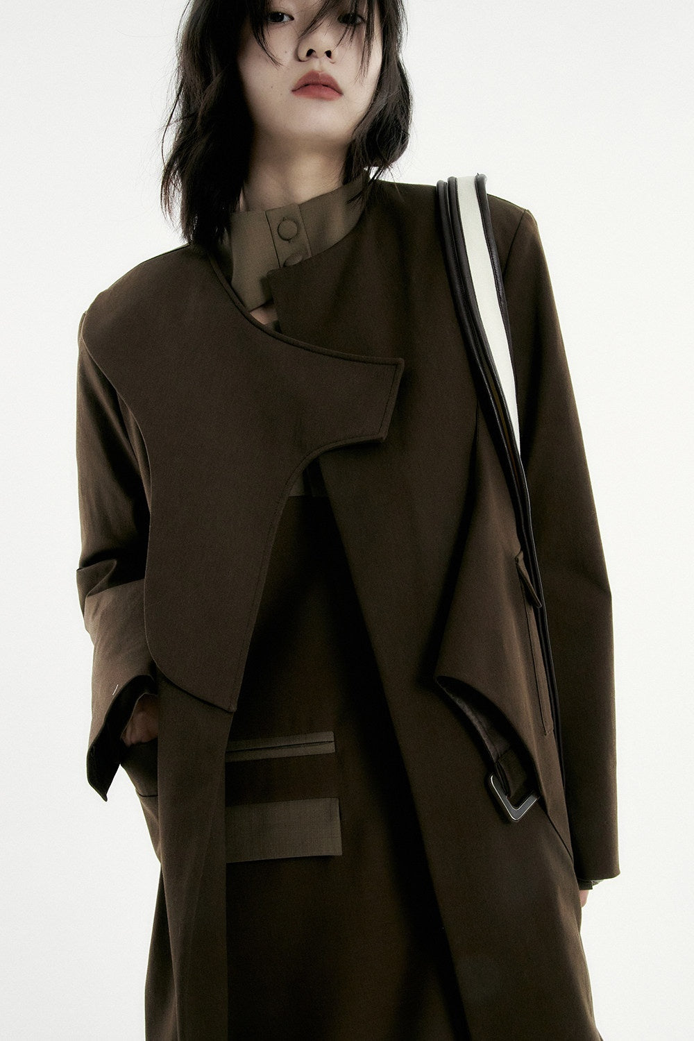 FUSSED_Deep_Brown_Asymmetrical_Structured_Straight_Trench_Women&