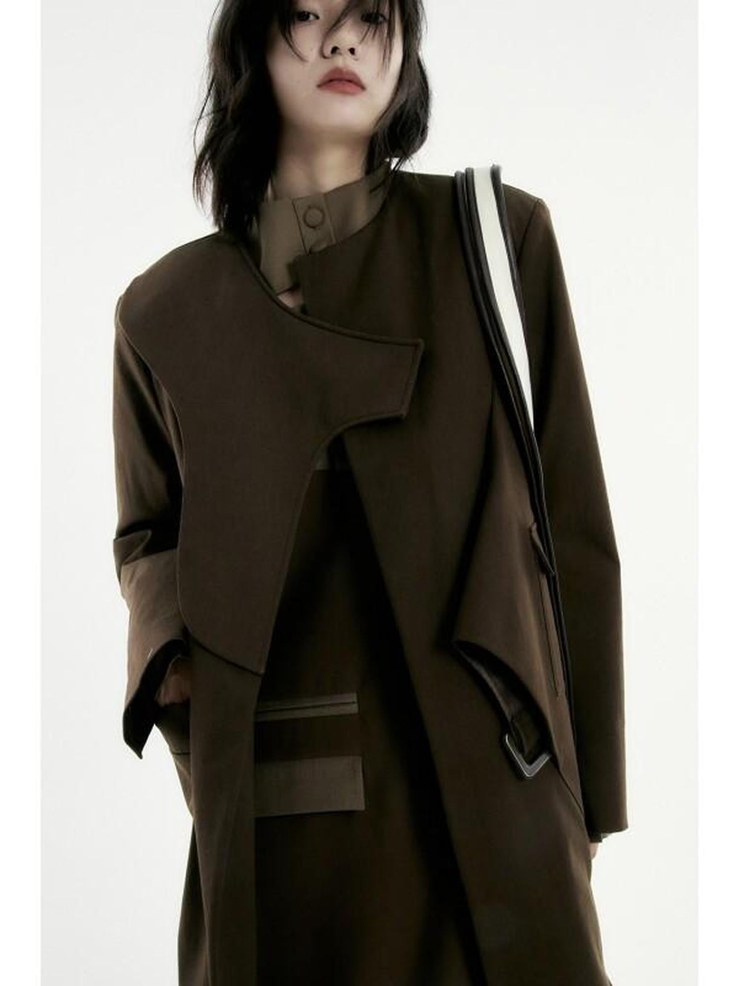 FUSSED Deep Brown Asymmetrical Structured Straight Trench Women&