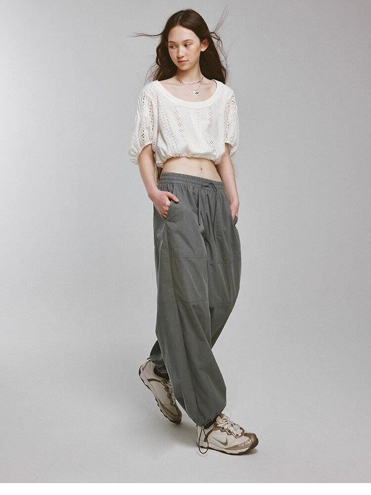 FUSSED Deep Grey Green Soft Matte Drawcord Elastic Cargo Pockets Women&