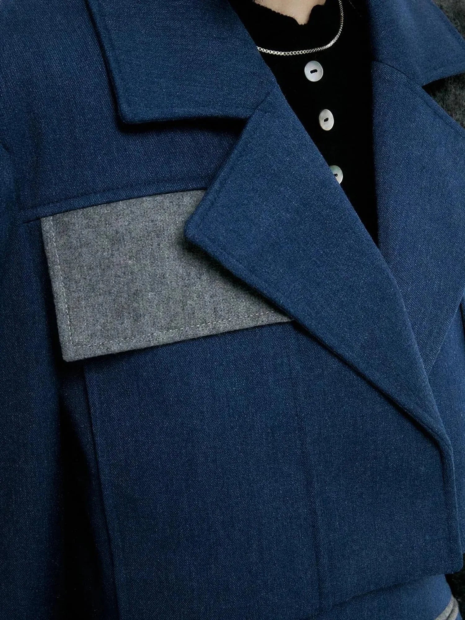 Denim Blue Wool Blend Cropped Jacket with Grey Panels