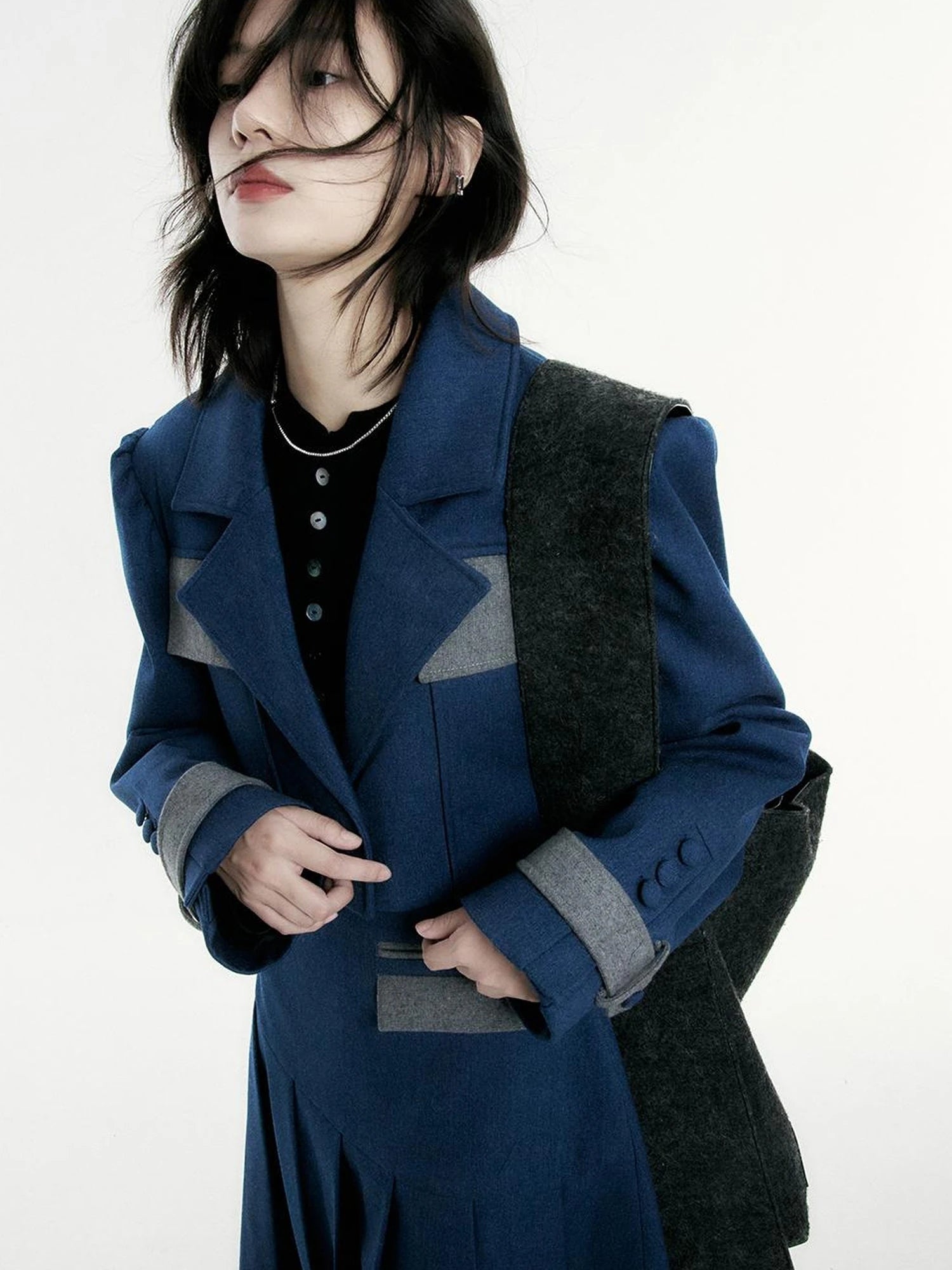 Denim Blue Wool Blend Cropped Jacket with Grey Panels