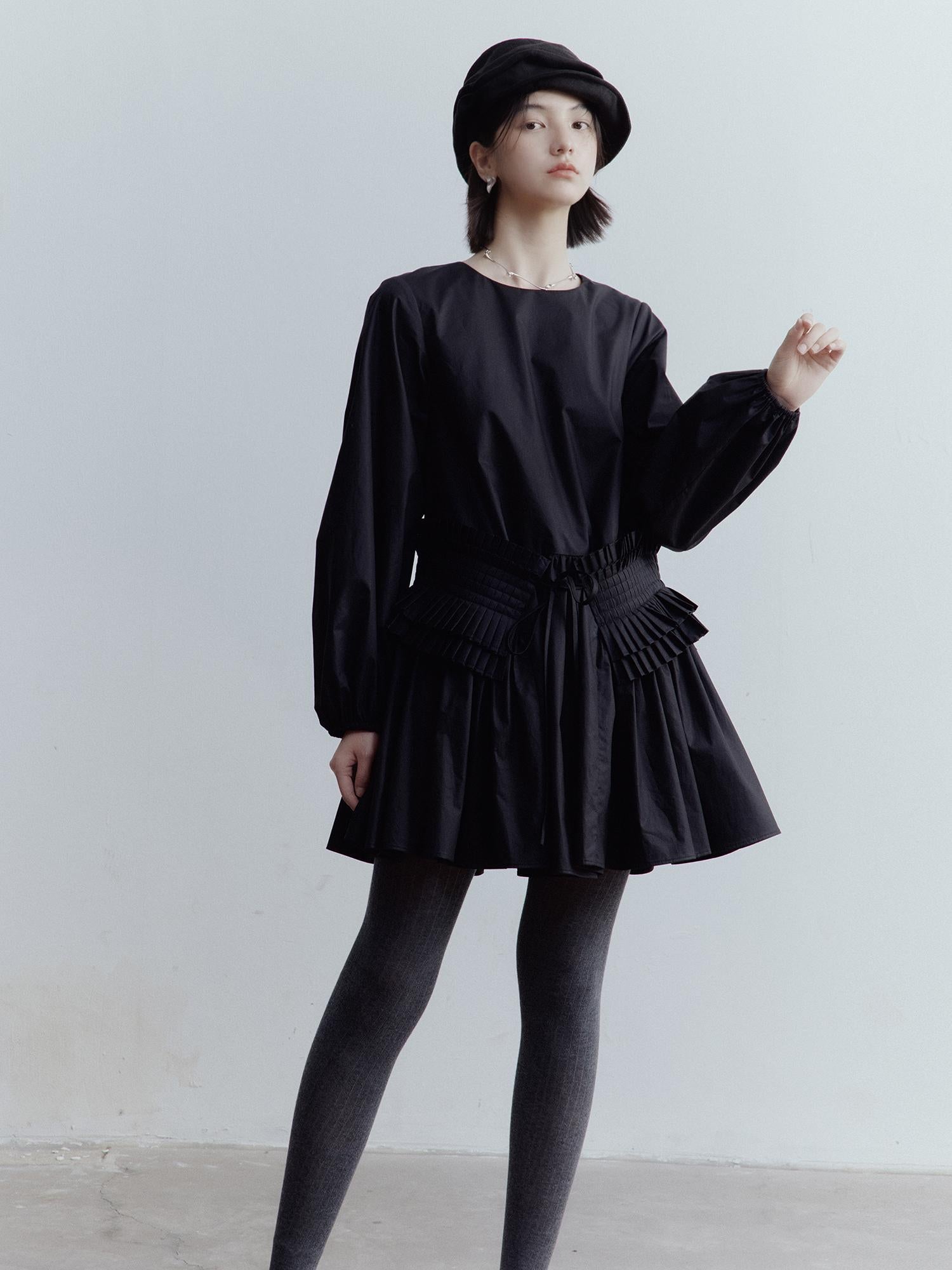 FUSSED Double Dream Pleats Black Cotton Babydoll Dress V-Neck T-Shirt Long-Sleeve