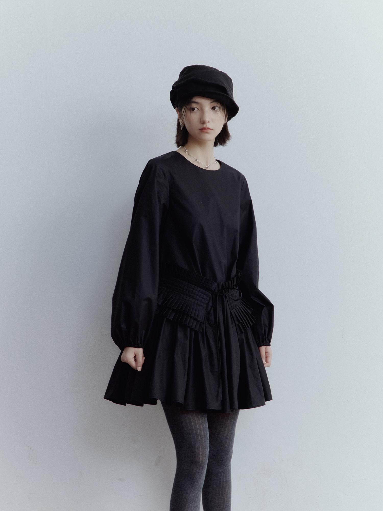 FUSSED Double Dream Pleats Black Cotton Babydoll Dress V-Neck T-Shirt Long-Sleeve
