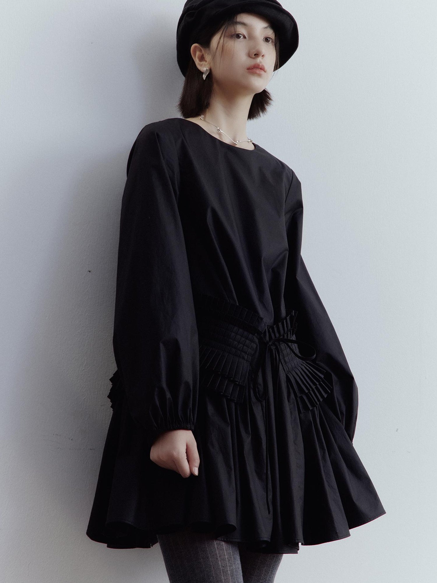 FUSSED Double Dream Pleats Black Cotton Babydoll Dress V-Neck T-Shirt Long-Sleeve