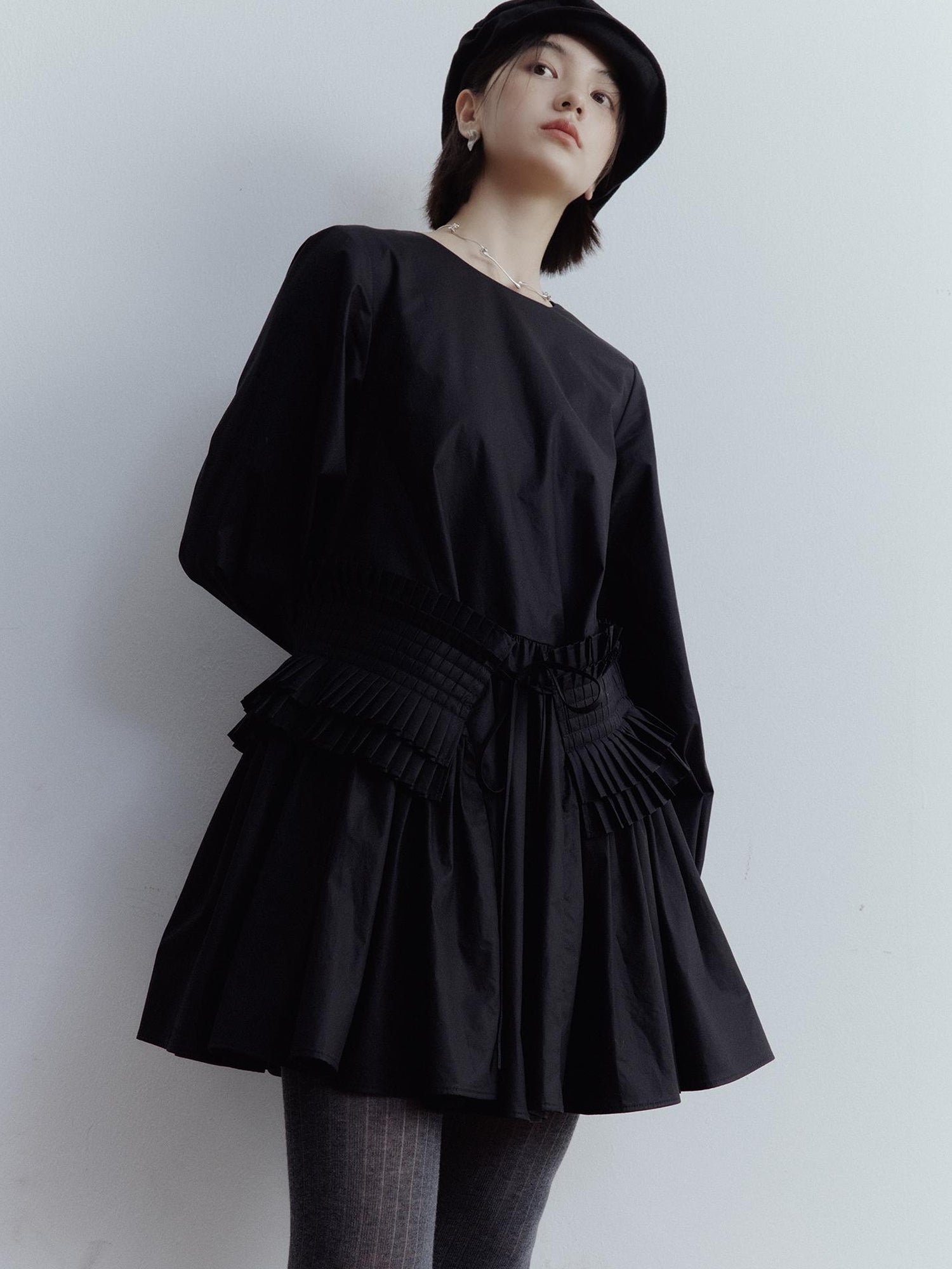 FUSSED Double Dream Pleats Black Cotton Babydoll Dress V-Neck T-Shirt Long-Sleeve