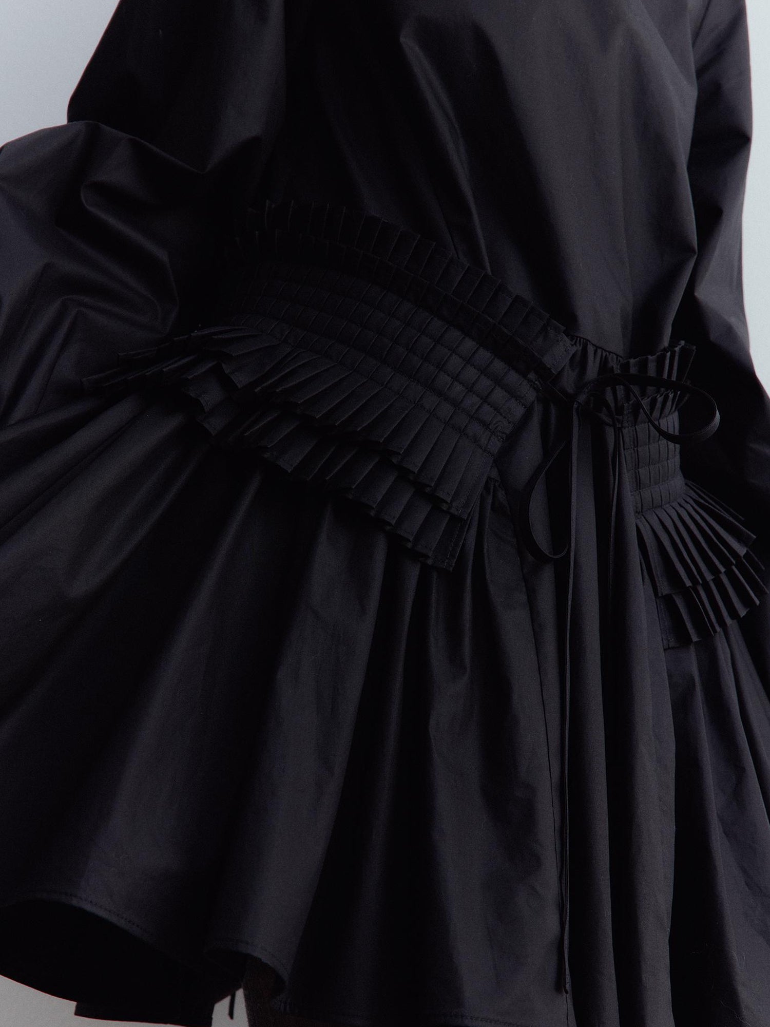 FUSSED Double Dream Pleats Black Cotton Babydoll Dress V-Neck T-Shirt Long-Sleeve