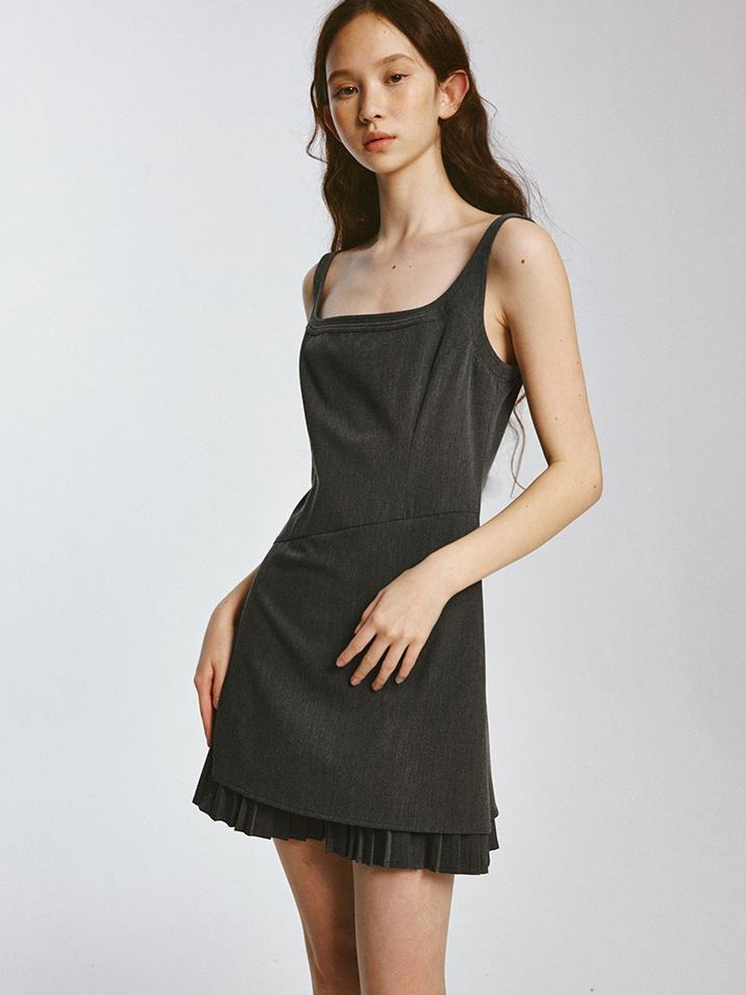 FUSSED Double Layer Pleated Shadow Gray Sporty Blazer Dress V Neck Long Sleeve